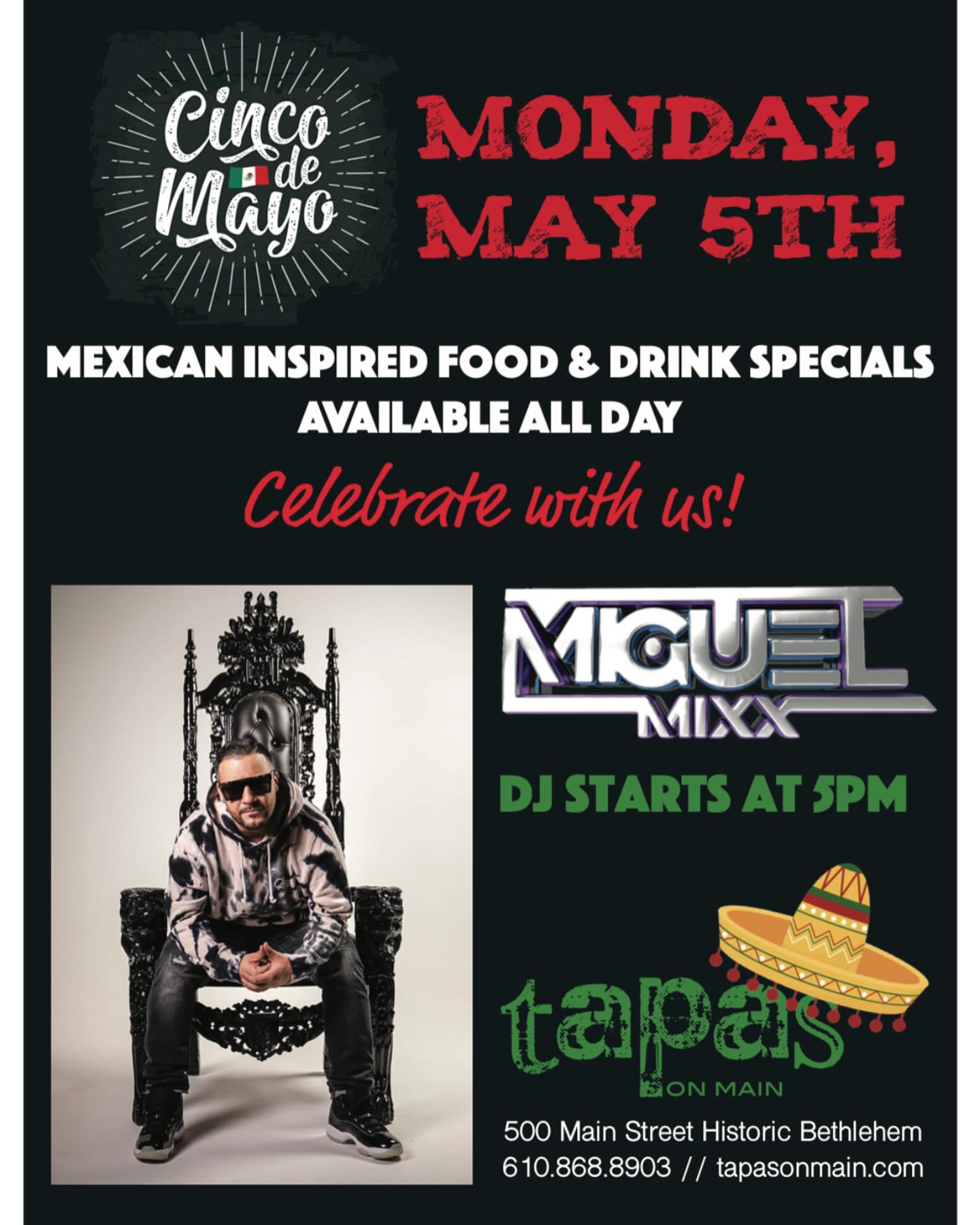 Cinco de Mayo is May 5th!! Music starts at 5pm ๐ถ๏ธ #cincodemayo #mainstreetbethlehem #visithistoricbethlehem #mexicaninspired