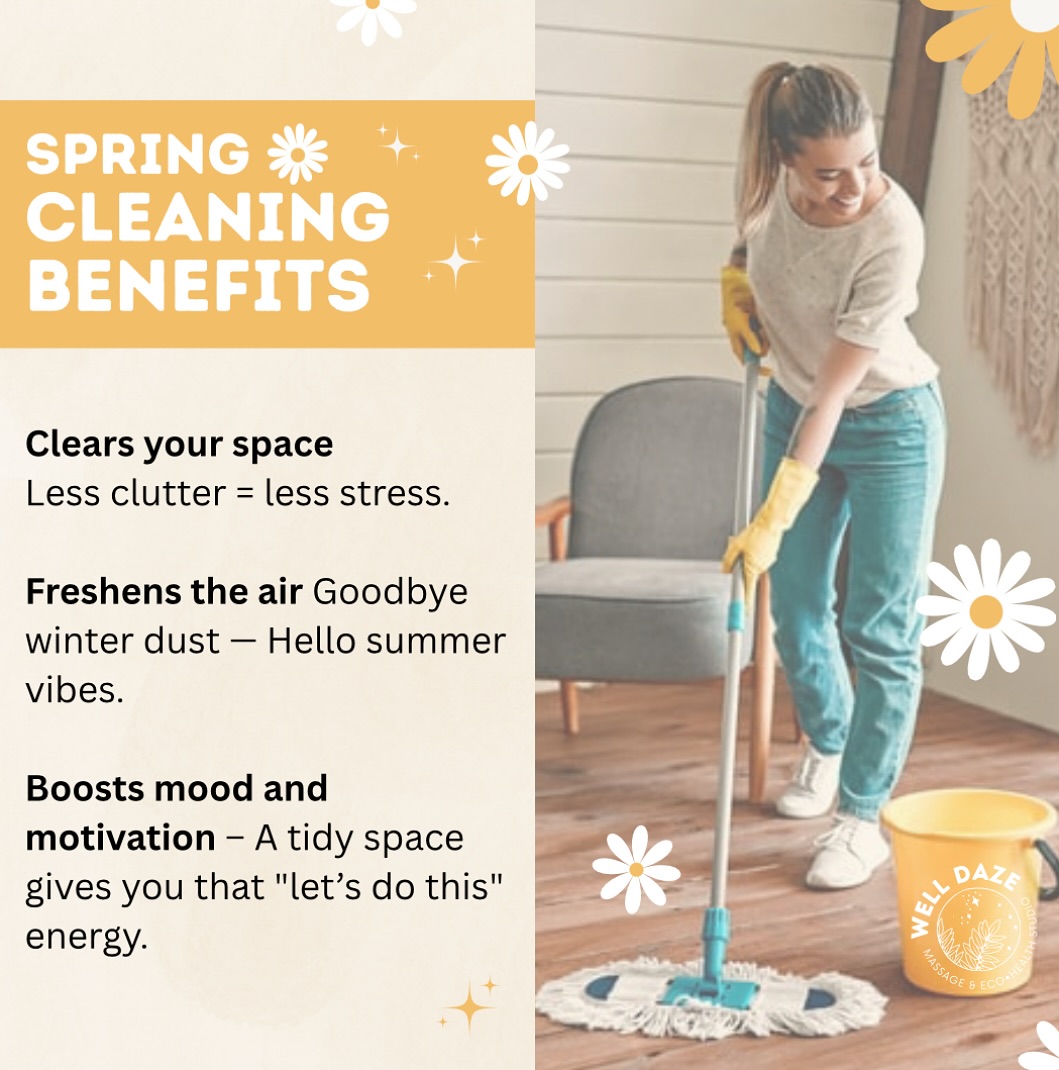 Spring Cleaning…
You know that feeling when you finally crack open a window and it smells like fresh start? That’s your body—and your space—asking for a reset.
Spring cleaning isn’t just about scrubbing floors or tackling that mystery drawer (you know the one).
It’s about clearing out the stale, the stuck, and the “why is this still here?” energy that builds up over winter.
Here’s where it gets fun: I’m a big fan of cleaning with intention—and that includes scent. Burning sage while
Cleaning helps to clean the energy out and
I’ve been loving the “Clean” essential oil blend, handcrafted right here in Guelph.
Locally made, and packed with essential oils that don’t just smell good—they actually clean your home chemical-free yet strongly antibacterial.
Lemon, Lime, Lemongrass, Citronella
Why does this matter as an RMT? Because the environment you live in affects the tension your body holds. A clean space = a calm nervous system.
So grab your broom, throw on a playlist, and let “Clean” turn your to-do list into a feel-good ritual.
Pro tip: Add a few drops to your cleaning water with vinegar or baking soda to replace harsh chemicals, a diffuser, or a DIY spray bottle.