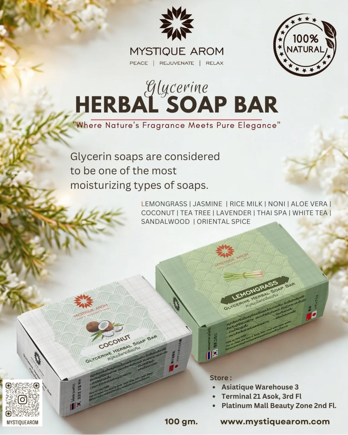 Mystique Arom Glycerine Herbal Soap Bar is a handmade soap combining the moisturizing properties of glycerine with the nourishing benefits of rice milk and herbal extracts. It's designed to gently cleanse while hydrating the skin, leaving it feeling soft and supple. The inclusion of herbal ingredients may offer additional skin benefits depending on the specific formulation.
Shop today at www mystiquearom.com
#mystiquearom #asiatiquetheriverfront #terminal21asok #platinummallbangkok #glycerinesoap #natural