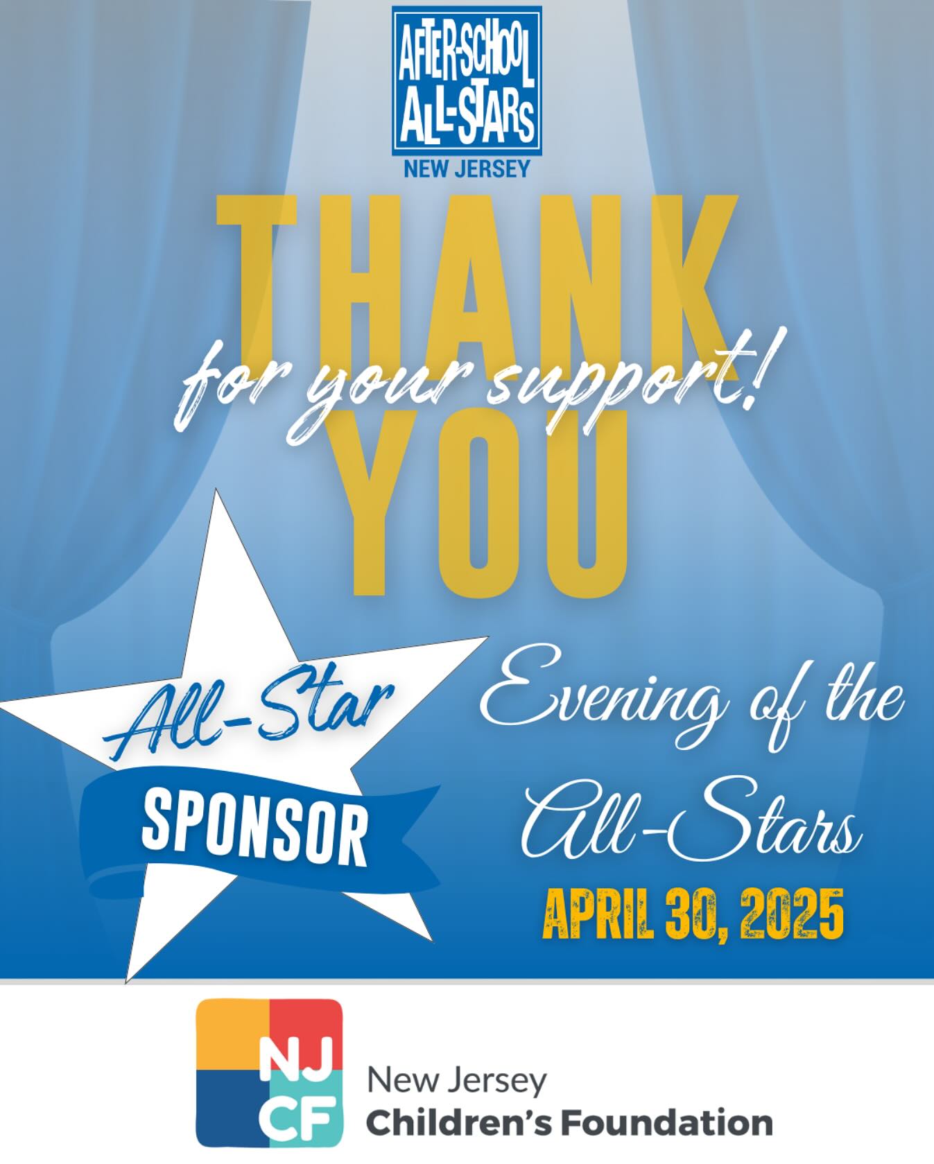 🌟 We’re incredibly grateful to have the New Jersey Children’s Foundation as our All-Star Sponsor for the upcoming Evening of the All-Stars! Your partnership helps us continue providing vital out-of-school programming for Newark’s youth.
✨ There’s still time to support our mission! Sponsorship opportunities and tickets are still available. Join us for a powerful evening celebrating our scholars, partners, and champions of education.
There’s still time to join us!
🎟️ Tickets and sponsorships are still available
📅 Wednesday, April 30, 2025
🕡 6:30 PM – 9:00 PM
📍 The Crystal Ballroom at the Robert Treat Hotel, Newark, NJ
🔗 Learn more: https://www.asasnj.family/allstars
Let’s celebrate our scholars and the partners who help them shine!
#AllStarSponsor #NJCF #ASASNJ #EveningOfTheAllStars #AfterSchoolMatters #NewarkEvents #YouthDevelopment #CommunityChampions #CelebrateWithUs