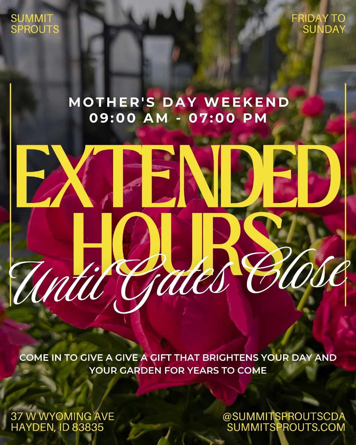 Extended Hours for Mother's Day Weekend!
We’re staying open a little longer this Sunday so you can grab the perfect gift for Mom (or yourself—no judgment).
Summit Sprouts will be open from 9 AM to 7 PM (or until gates close) this weekend Friday - Sunday, May 11th!
Swing by for homegrown flowers, veggie starts, hanging baskets, and last-minute garden goodies.
Because nothing says “I love you” like locally grown beauty that keeps on blooming.