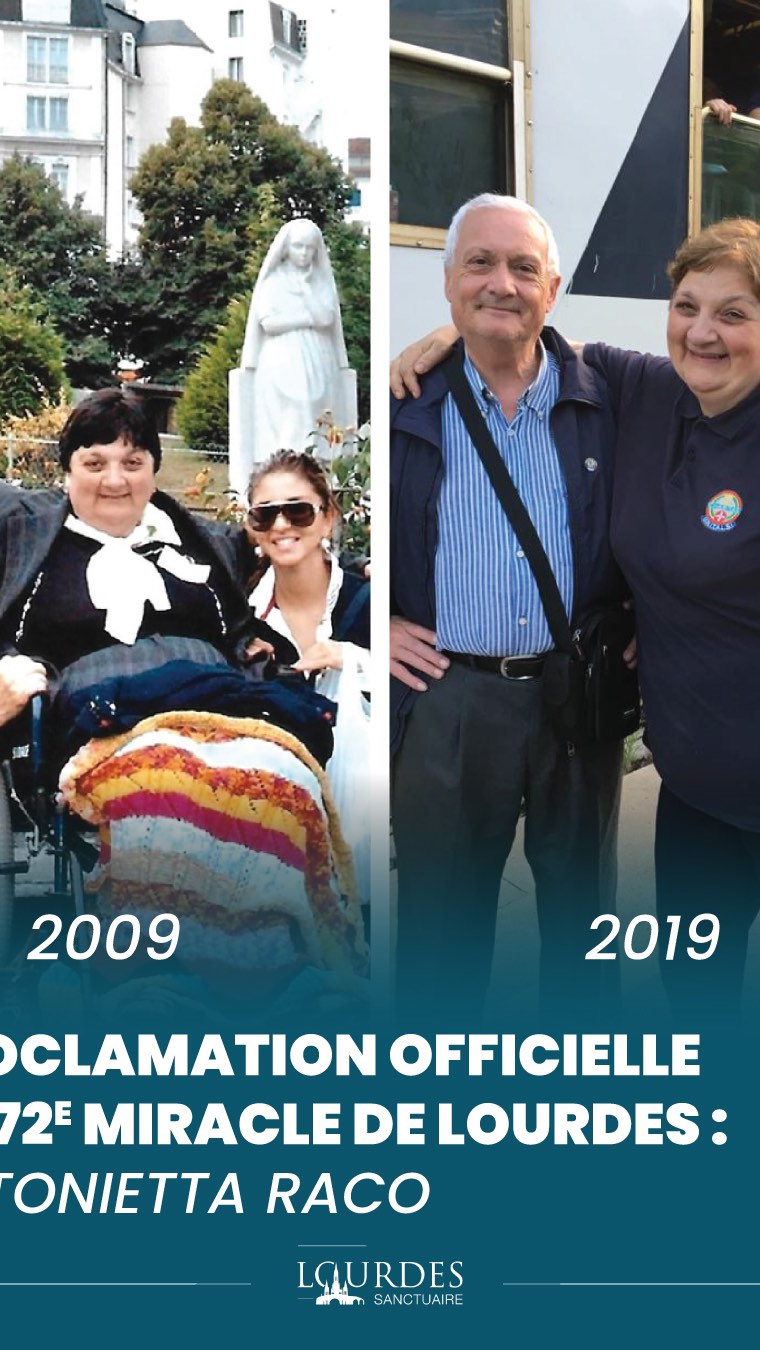FR: Mercredi 16 avril 2025 - Le Sanctuaire Notre-Dame de Lourdes accueille la proclamation officielle du 72ᵉ miracle de Lourdes par Mgr Vincenzo Carmine Orofino, évêque du diocèse de Tursi-Lagonegro (Province de MATERA), Italie.
Antonietta Raco (épouse Lofiego), âgée de 67 ans, atteinte de Sclérose Latérale Primitive a été guérie en 2009 lors de sa venue à Lourdes avec l’organisation de pèlerinages italiens Unitalsi .
IT: Mercoledì 16 aprile 2025 - Il Santuario di Nostra Signora di Lourdes accoglie la proclamazione ufficiale del 72ᵉ miracolo di Lourdes da parte di Mons. Vincenzo Carmine Orofino, Vescovo della Diocesi di Tursi-Lagonegro (Provincia di MATERA), Italia. Antonietta Raco (coniugata Lofiego), 67 anni, affetta da Sclerosi Laterale Primaria, è guarita nel 2009 quando è venuta a Lourdes con l’organizzazione italiana di pellegrinaggi UNITALSI.
EN: Wednesday 16 April 2025 - The Sanctuary of Our Lady of Lourdes welcomes the official proclamation of the 72nd miracle of Lourdes by Mgr Vincenzo Carmine Orofino, Bishop of the Diocese of Tursi-Lagonegro (Province of MATERA), Italy. Antonietta Raco (Mrs Lofiego), aged 67, had Primary Lateral Sclerosis (PLS), and was cured in 2009 when she came to Lourdes with the Italian pilgrimage organisation UNITALSI.
