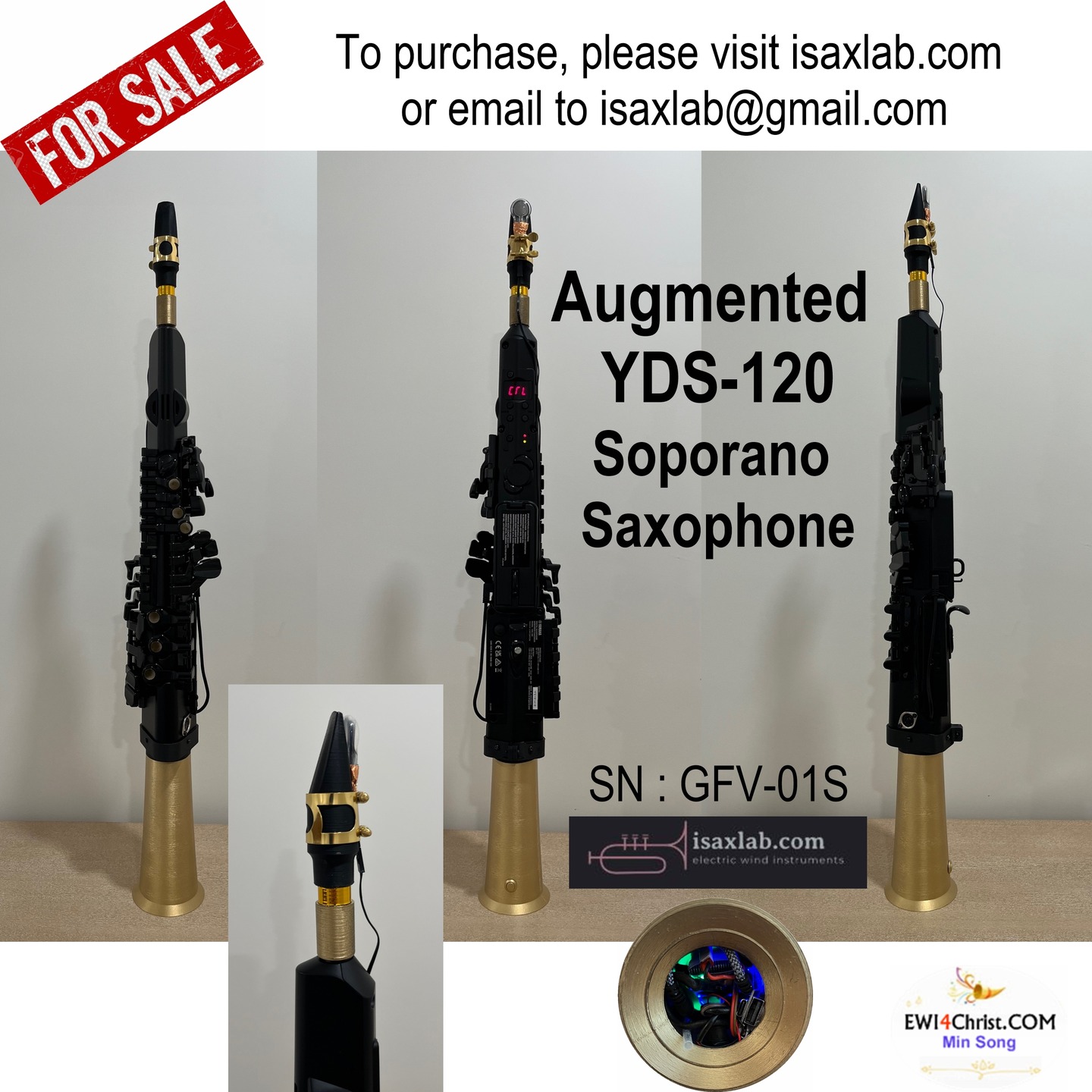 This is the soprano saxophone version of my augmented YDS-120. The bite sensor is added and it sends CC #1, integrated with the original MIDI output of the YDS-120, enabling LFO-style vibrato effects (exclusively for MIDI control). It has low-latency bluetooth midi connection along with traditional 5-pin MIDI port. The bell part was created by 3d printing. To purchase this instrument, please visit my store at isaxlab.com or email to isaxlab@gmail.com
#ewi #ewi4christ #isaxlab
#yds120 #yds120sax
#windcontroller