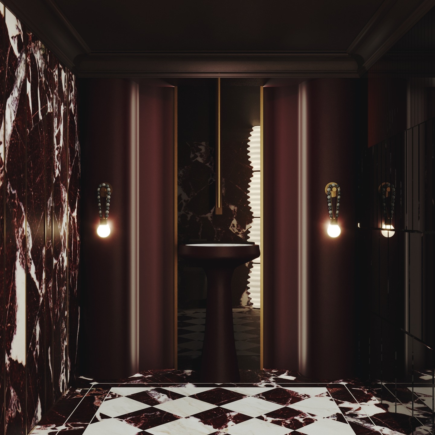 The Maussade Viilla ~
This moody, luxurious powder room exudes dramatic elegance with its deep burgundy marble walls, sculptural pedestal sink, and striking checkerboard floor. Ambient lighting, provided by beaded sconces and a softly diffused backlit mirror, creates a sensuous, intimate atmosphere, blurring the line between art and architecture.