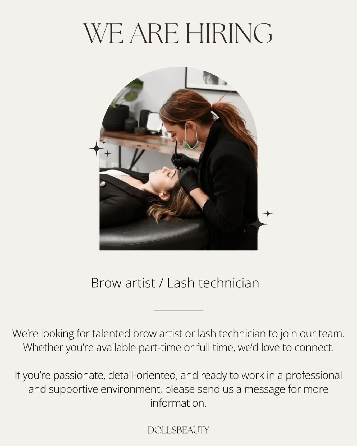 Join our team as a Brow Artist or Lash Technician at DollsBeauty.
Passionate, detail-oriented, and ready to grow in a supportive space?
DM us for more info – let’s create beauty together!