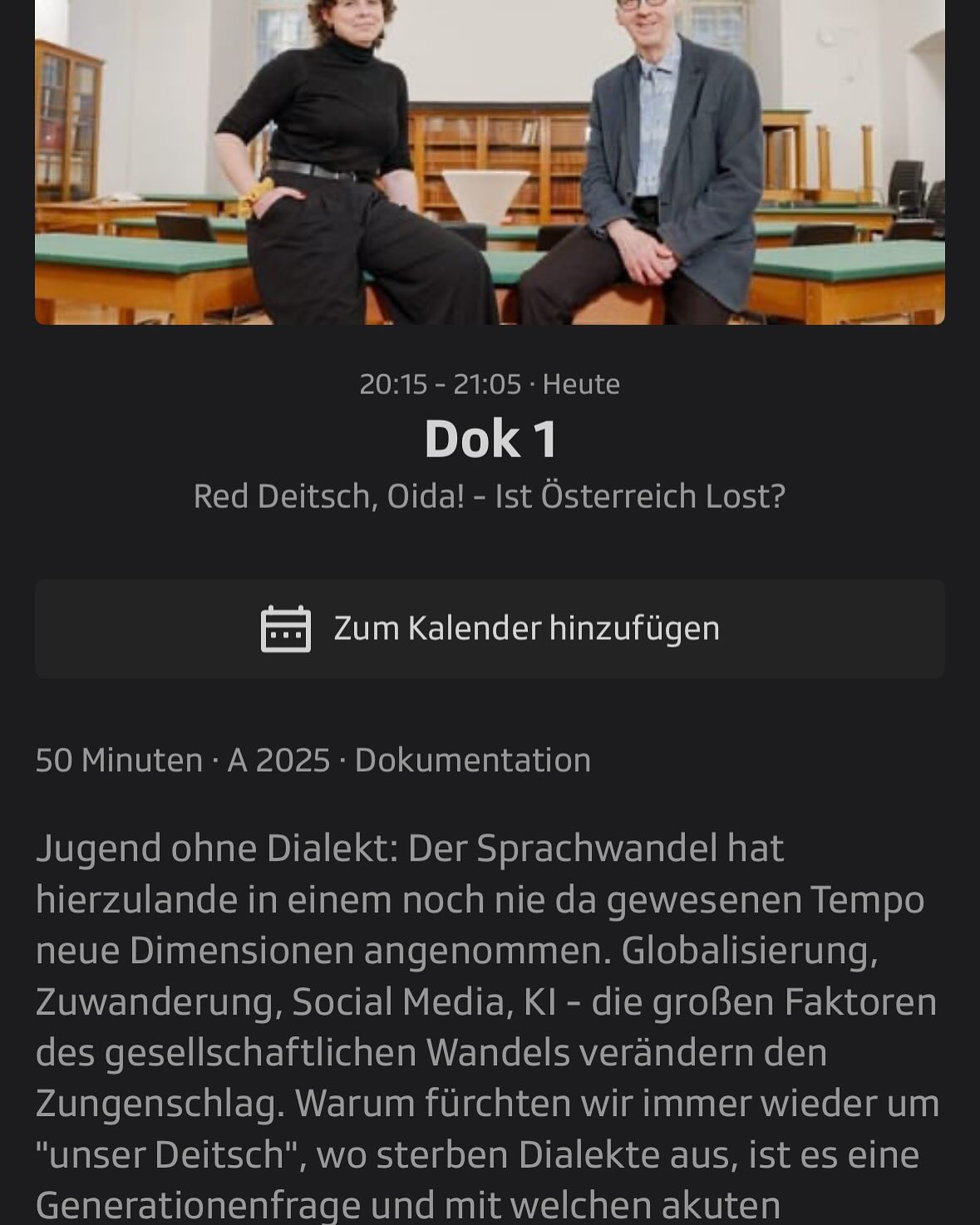 Warum (Variations- und Sozio-)Linguistik studieren? „Red Deitsch, Oida! Ist Österreich lost?“ Dieser Dok 1 von ORF zeigt auf, wie vielfältig die Themen sind, mit denen wir Variationslinguist:innen uns befassen (können): Dialekt- und Sprachwandel, Jugendsprache, Zweitspracherwerb, … Verfügbar bis 19.10.2025 auf
https://on.orf.at/video/14272638/dok-1-red-deitsch-oida-ist-oesterreich-lost
Unter anderem auch mit Manfred Glauninger, mit dem ich an der @university_of_vienna zwei Mal ein Master-Seminar unterrichtet habe (zusammen mit @kleeneandrea).
#variationslinguistik #dialektologie #dialekt #soziolinguistik #jugendsprache #oida #österreich #wien #vorarlberg #multiethnolect #austriazismus #plurizentrizität #oeaw #dok1 #orf #variationslinguistinsusanne