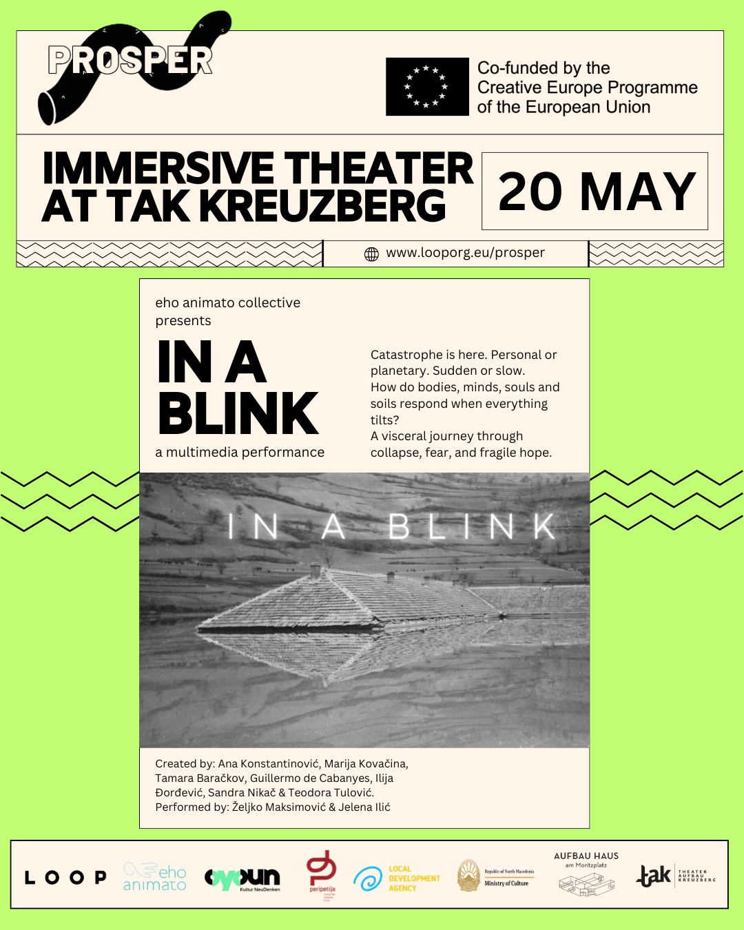 // In a blink
Catastrophe can be personal or collective; an abrupt act of violence or a longer process of decay; human-induced or natural disaster. It is a total change of paradigm, something that challenges everything we know in the blink of an eye. Catastrophe is no longer a surprise, it is the state of the world, it is what we expect – pandemics, devastating wars, hideous displays of aggression, floods, wildfires, etc. But how does soil/body/mind react?
Devised theater performance with the working title In a Blink focuses on a moment in which recovery begins, the ambivalent moment where healing starts, still interwoven and inseparable from the catastrophic event. By stretching this moment, the performance aims to explore how grief and growth intertwine in complex ways. It searches for the origin of biological, psychological, societal, and environmental resilience.
Date: May 20
Time: 8:30 pm
Location: TAK, Prinzenstraße 85 F, Kreuzberg, Berlin, Germany 10969