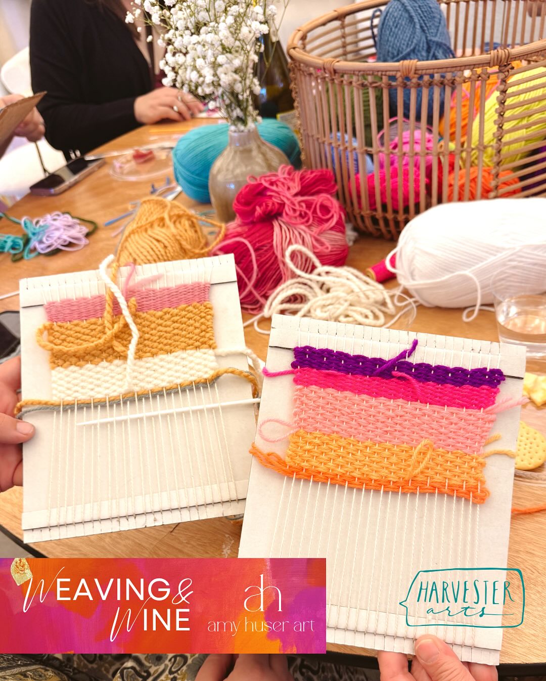 Weaving & Wine night one was so much fun! I got to share this type of making with a group of seven new weavers ✨ It’s so cool seeing people resonate with the process. (Mid-process shots pictured here.) Wine and good tunes help too😎
Thank you @harvesterarts for making nights like these a possibility.
If you missed tonight, don’t you worry. There’s another chance! Link in bio for tix ✨