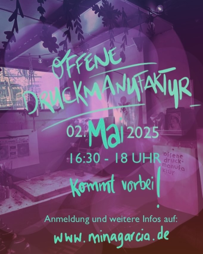 Offene Druckmanufaktur im Mai!
Du willst Siebdruck oder Pixelprint mal ausprobieren? Dann komm vorbei, schnupper rein und druck los!
Für nur 5 € Materialkosten bist du dabei – ein paar Plätze sind noch frei.
Alle Infos & Anmeldung: www.minagarcia.de
Ich freu mich auf euch und eure Ideen.
#offenedruckmanufaktur #siebdruck #pixelprint #druckdichaus #kunstzumanfassen #monatlichkunst #kreativwerden #druckliebe #minagarcia