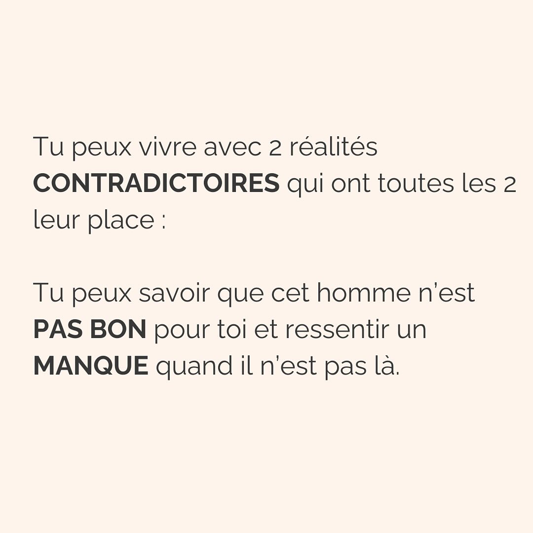 Ce travail d’amour de toi, d’acceptation de tes émotions, ne s’arrêtent pas une fois que tu as réussi à partir.
Parce qu’après peuvent venir les regrets, les doutes, le manque.
Et tout ça aussi fait partie du processus.
Plus on passe de temps dans une relation qui nous détruit, plus on se demande si on a fait le bon choix, une fois partie.
Cette réponse-là, du bon choix ou pas, tu la connais déjà. Aucune thérapie ou coaching ne peut t’offrir ça. Parce que tu as déjà toutes les ressources en toi, et que tu sais mieux que personne ce qui est bon pour toi.
La thérapie n’intervient que pour te guider vers un chemin que tu n’arrives pas à emprunter seule. Parce que c’est trop dur, parce que ça fait peur. Et même, parfois, parce que ça fait mal.
Mais savoir si tu as fait ou non le bon choix de quitter une relation qui te faisait du mal, rien ni personne ne pourra jamais le décider à ta place.
———————————————————————————
Je suis Emilie, thérapeute & coach diplômée spécialisée dans la dépendance affective.
J’aide les femmes qui souffrent de schémas toxiques répétitifs à aimer sereinement et librement, sans plus jamais s’oublier.
Je les accompagne pour qu’elles puissent passer de la théorie à la pratique. Avoir des prises de conscience c’est bien, voir des changements concrets dans sa vie, c’est mieux.
Passons 30 min ensemble pour apprendre à nous connaître ! Rdv dans mon lien en bio pour accéder à mon agenda ou sur mon site : Emilie-leduc.com
#dependanceaffective #manipulation#relationtoxique#addiction#dependance#peurs#blessuredabandon#rupture#couple#hypersensibilité #emotions #gestionemotions #hypersensibles #abandon #perversnarcissique #depression #blessuredelame #selflove #amourdesoi #tinder#date#rencontre #angoisse#solitude #lovecoach #pn #devperso #amourdesoi