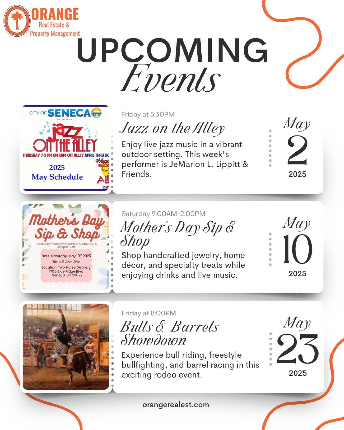 Mark your calendars —May is packed with fun local events!
From jazz nights🎷 to rodeo thrills🤠 and a sweet Mother’s Day market🌸, there’s something for everyone right here in our community!
📲DM us if you have any questions!
#ClemsonEvents #SenecaSC #UpstateSC #LocalLife #CommunityVibes #RealEstateWithOrange #ClemsonRealtor #SupportLocalBusinesses