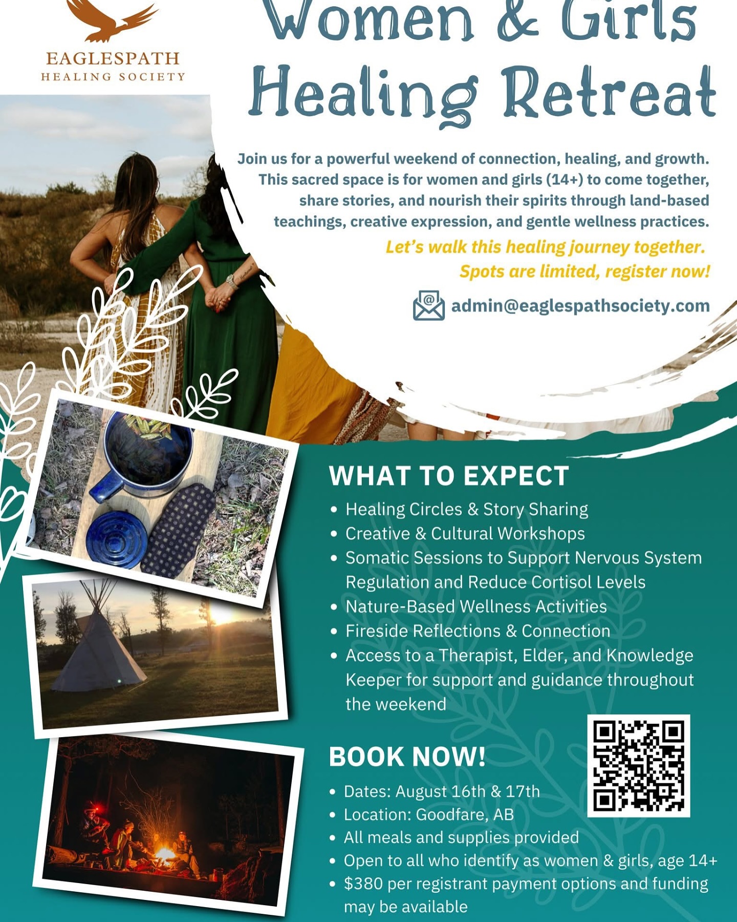 🌿 Women & Girls Healing Retreat – Registration Now Open! 🌿
Join us for a powerful weekend of connection, culture, and healing designed for women and girls navigating mental health challenges, intergenerational trauma, or simply seeking space to reconnect with themselves and their roots. 💫
✨ What to Expect:
🔸 Healing Circles & Story Sharing
🔸 Creative & Cultural Workshops
🔸 Somatic Wellness Sessions
🔸 Nature-Based Activities
🔸 Fireside Reflection & Connection
🔸 Support from Elders, Knowledge Keepers, and Therapists
This is more than a camp, it’s a journey back to yourself. 💛
Spots are limited, so register early!
👉 Register here: https://forms.gle/5fQdmzNpLEfpy798A
#HealingCamp #WomenAndGirlsHealing #CulturalWellness #TraumaInformedCare #IndigenousHealing #MindfulMoments #ReconnectToCulture