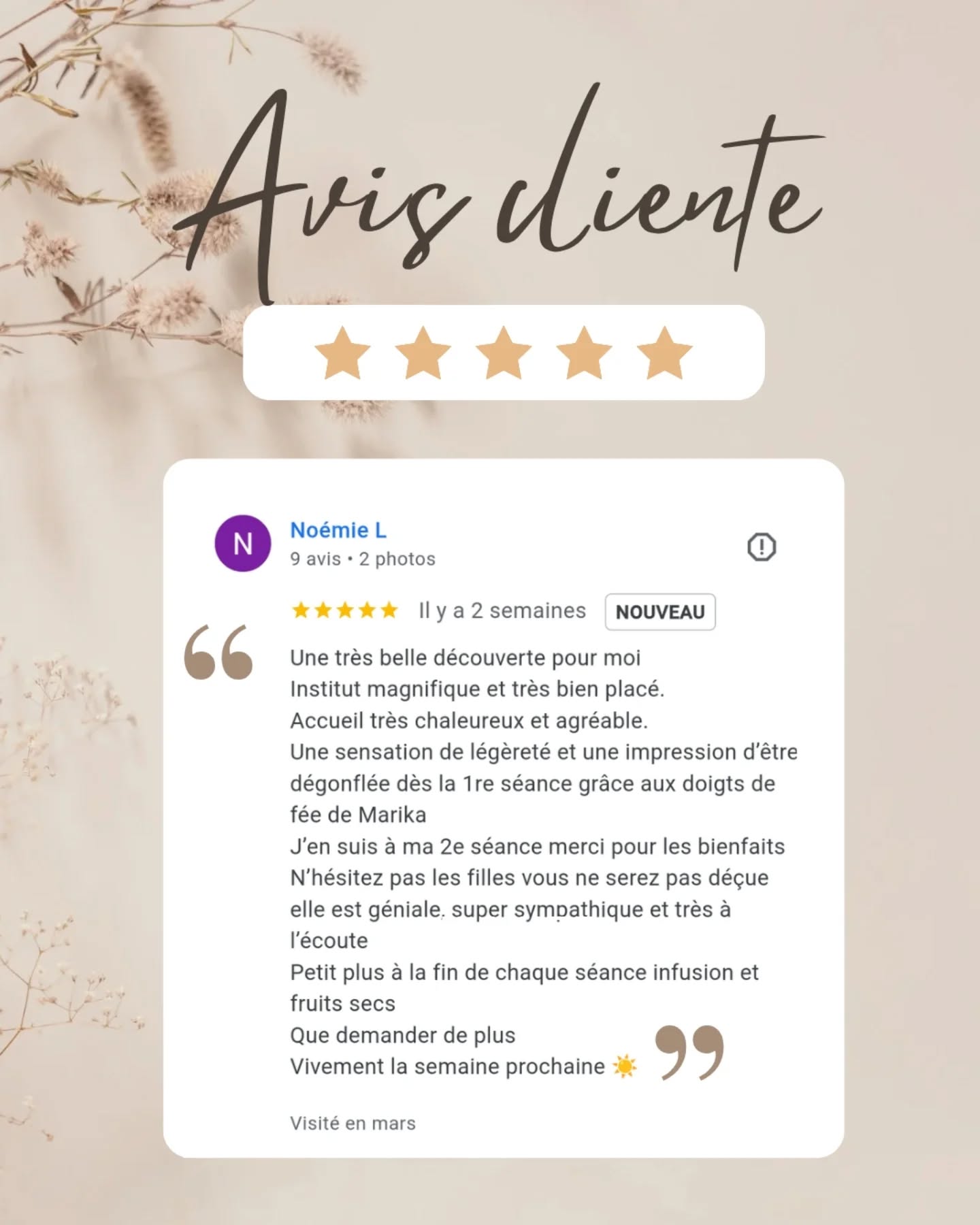 ✨ Parce que votre avis est précieux tout comme le temps que vous passez entre mes mains pour vos soins ✨
C'était le vendredi 21 avril, une de mes premières clientes pour une cure de drainage lymphatique, une rencontre, des partages, du bien-être.
Gratitude.
Merci ✨