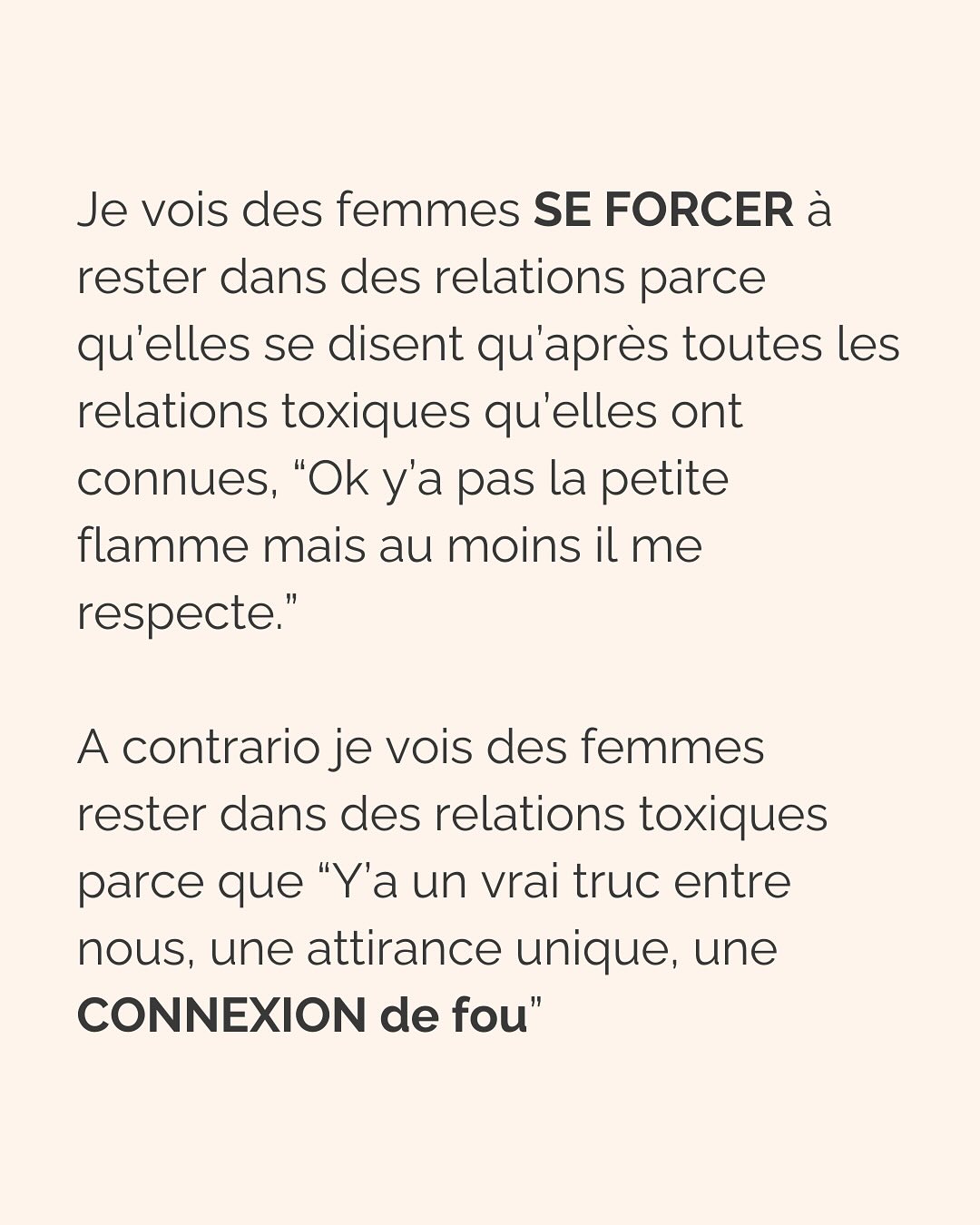 Dans une relation amoureuse, multiplier les critères physiques précis émane d’un besoin crucial de te sentir en sécurité.
Notre cerveau ne fait pas la différence entre ce qui est vrai et ce qui est imaginé. Si tu lui dis qu’en cochant ces cases, cet homme te permettra d’être en sécurité, tu te sentiras effectivement en sécurité avec lui. Pendant un temps…
Donc pour ton cerveau, critères physiques respectés = sécurité, jusqu’à ce que la relation dégénère (non respect de tes besoins par ci, incohérence par là, manque de communication etc.), que tu culpabilises et que tu n’arrives plus à t’en dépatouiller.
Ce besoin de sécurité que tu as, il est aussi légitime qu’il peut te faire faire n’importe quoi. Donc l’idée c’est d’aller l’écouter, mais VRAIMENT l’écouter.
Et pour vraiment écouter ton besoin de sécurité, tu peux :
* Rassurer la part de toi qui culpabilise de revivre les mêmes situations encore et encore et d’osciller entre des relations qui te font du mal et des relations où tu t’ennuies
* Faire de la place à cette part de toi qui a besoin de contrôler autant les choses pour se sentir rassurer
* Laisser s’exprimer la part qui juge les 2 premières et qui bloque le processus de libération émotionnel
C’est ainsi que tu pourras réconcilier les 2 parties qui semblent s’opposer en toi :
celle qui veut vraiment le respect, l’amour, la douceur qu’elle mérite (partie consciente)
et celle qui court après les relations compliquées parce que c’est ce qu’elle connaît (partie inconsciente).
———————————————————————
Je suis Emilie, thérapeute & coach diplômée spécialisée dans la dépendance affective.
J’aide les femmes qui souffrent de schémas toxiques répétitifs à aimer sereinement et librement, sans plus jamais s’oublier.
Tu te reconnais dans ce post ? Faisons connaissance pour savoir comment je peux t’accompagner. Rdv dans le lien en bio ou sur emilie-leduc.com
#dependanceaffective #manipulation#relationtoxique#addiction#dependance#peurs#blessuredabandon#rupture#couple#hypersensibilité #emotions #abandon #perversnarcissique #depression #blessuredelame #selflove #amourdesoi #tinder#date#rencontre #angoisse#solitude #lovecoach #pn #devperso #amourdesoi