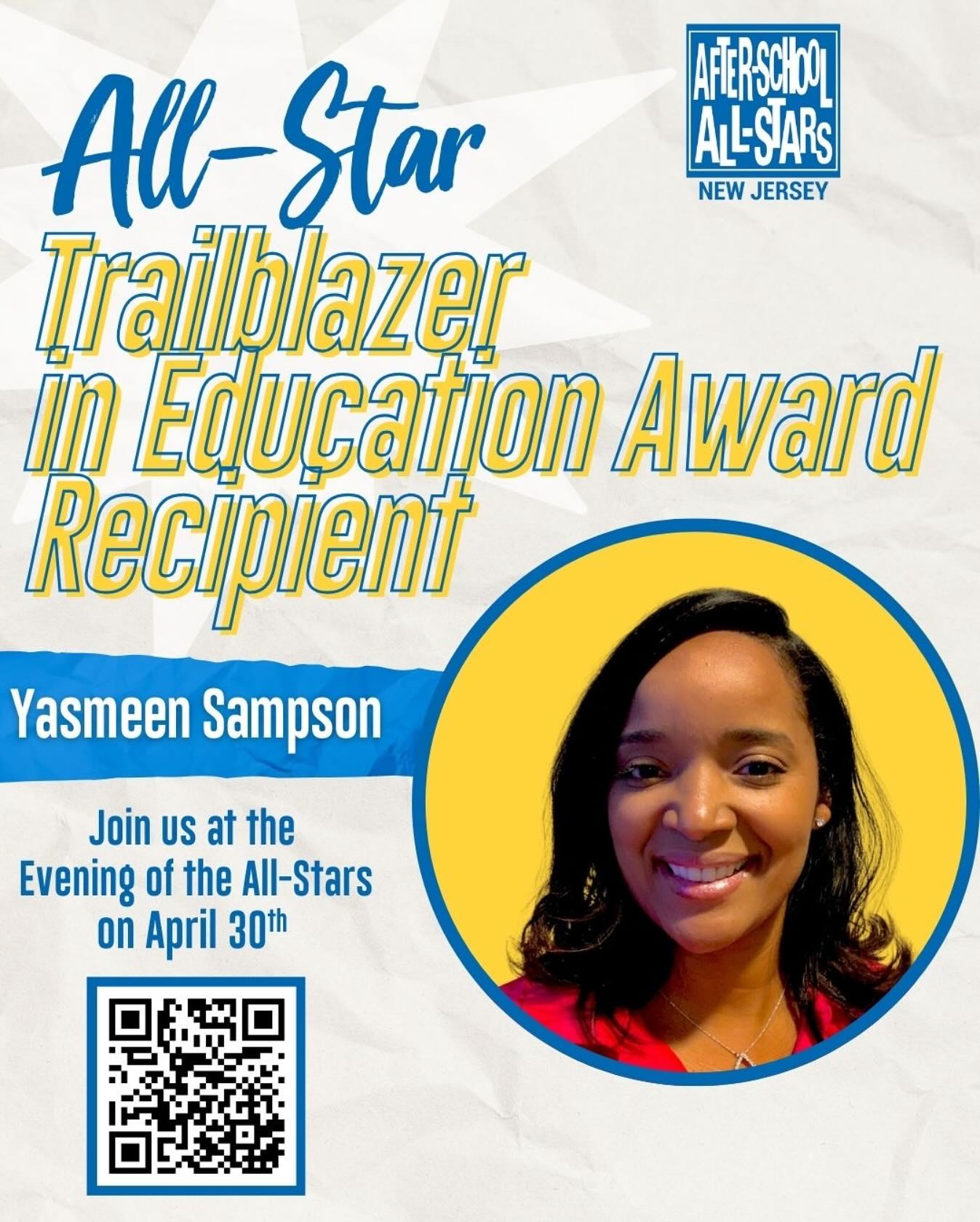 We’re honored to recognize Yasmeen Sampson as our 2025 Trailblazer in Education Award recipient at An Evening of the All-Stars!
Ms. Sampson has spent over 24 years shaping the educational landscape of Newark. From her early days as a teacher to now leading as Head of School at Philip’s Academy Charter School, she has remained laser-focused on equity, excellence, and student success. Yasmeen’s work continues to uplift generations, disrupt systemic inequities, and champion the futures of Black and Brown youth.
Let’s celebrate her powerful impact and unwavering commitment to Newark’s families!
📅 Wednesday, April 30, 2025
🕡 6:30 PM – 8:30 PM
📍 Robert Treat Hotel, Newark, NJ
🎟️ RSVP or learn more at www.asasnj.family/allstars