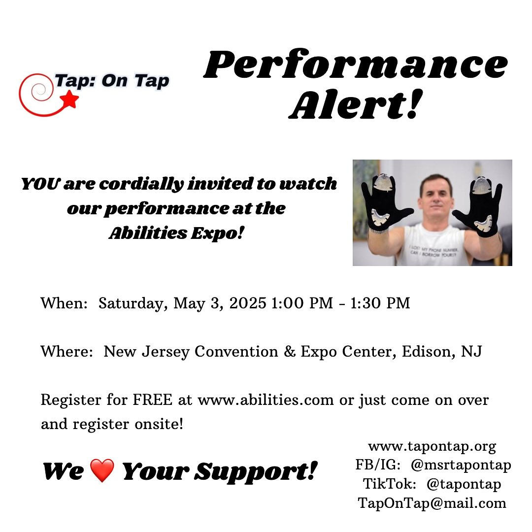 Please come join us for our free performance at @abilities_expo ‘s convention in Edison, NJ on Saturday, May 3rd at 1 PM! Even if you cannot attend, please spread the word! We appreciate your support.
#marysixrupert #tapontap #msrtapontap #tapdance #tapdancing #tapdancer #tapdancers #newyork #newyorkcity #nyc #nyny #newyorknewyork #tapdancinghandsdown #tapgloves #tapboard #inclusion #inclusivity #allabilities #wheelchair #diversity #adaptation #showtime #notforprofit #joy #may3 #convention #creativity #followme #followforfollowbacks #edisonnj