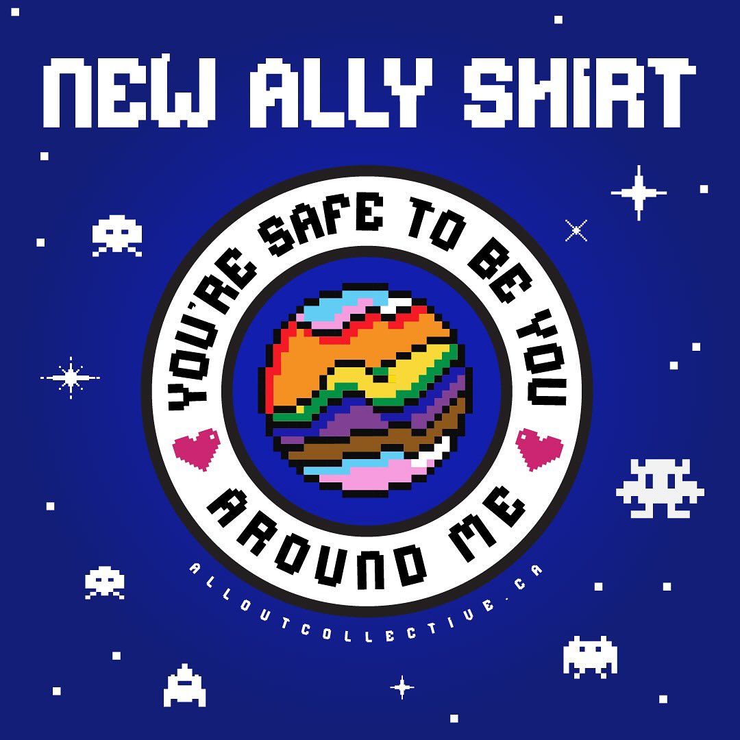 NEW T-SHIRT DROP!
Just in time for PRIDE MONTH we are releasing our brand new, intergalactic "YOU'RE SAFE TO BE YOU AROUND ME" design!
Right now it is especially important to show queer & trans folks that there are people who value, affirm, celebrate and respect protect them. We need to build our communities, our spaces and our chosen families and making yourself visible is one way to help!
Whether you're queer, straight, cis, trans, non- binary or any colour of the rainbow, this shirt tells everyone that this community means the UNIVERSE to you!
DM or email to order (local pick up only) - thealloutcollective@gmail.com or you can order from our website if you're out of town! All proceeds from this shirt go towards our art based programs for 2SLGBTQ+ children and youth! $35.00!
#2slgbtq #protecttranskids #communityiseverything #alloutcollective
