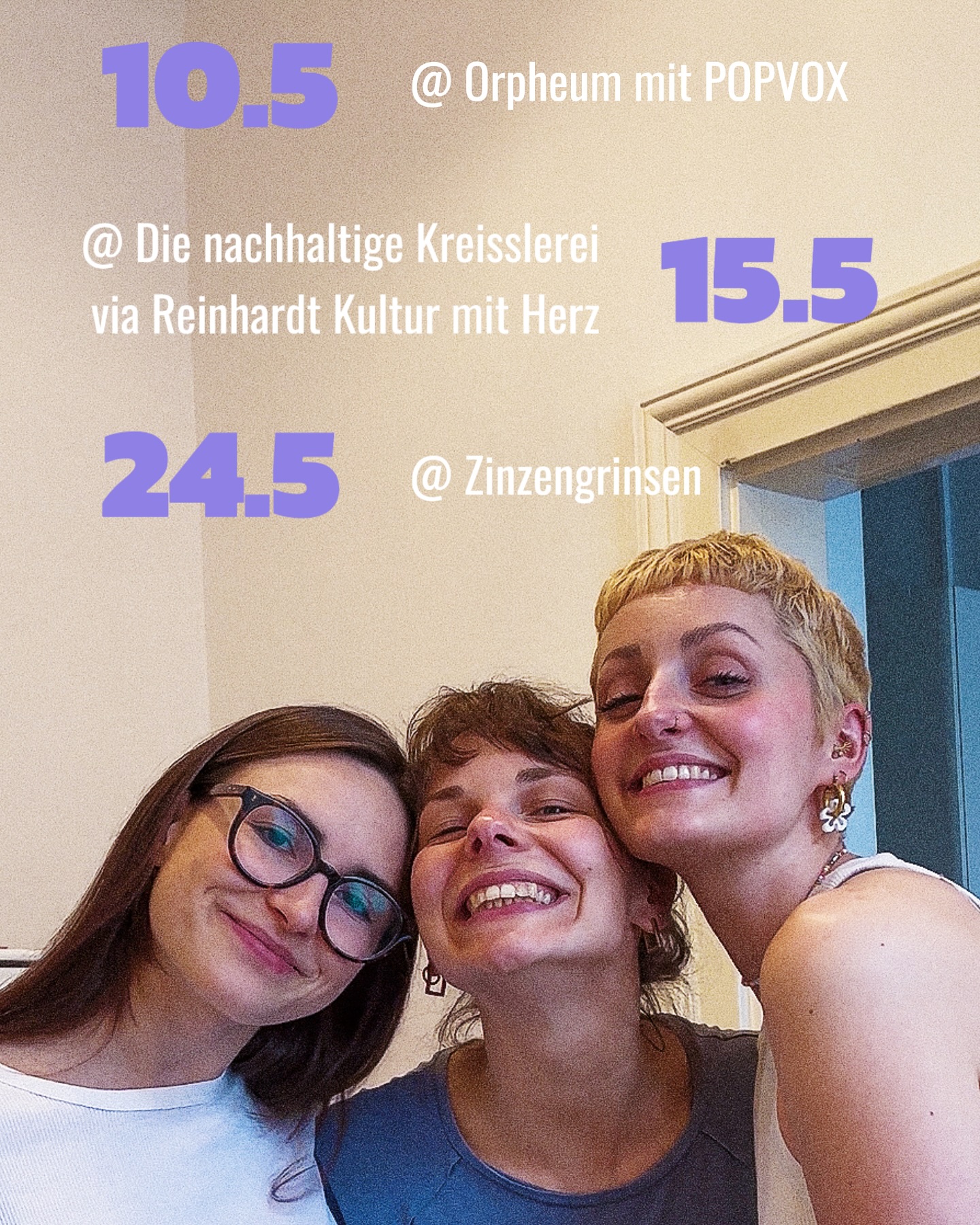 Wir freuen uns so auf den Mai 🥹
💖 Am 10.5 gibt’s ein @schmorrn.offiziell Feature beim @popvox_graz Konzert im @orpheum.graz
💖VERSCHOBEN auf 12.6!! — am 15.5 singen wir ein Akustik Set in @dienachhaltigekreisslerei mit andreas.fuerstner 😍
(Dort spielt übrigens auch @maola.music 🤩) @reinhardt_kulturmitherz )
💖 am 24.5 gibt’s @schmorrn.offiziell mit Rosinen (🍇 @thomers_gie @lilliseitinger ger @martin_gollegger 🍇) beim @zinzengrinsen
Infos und Tickets gibt’s über Link in Bio😎
Danke dere 👋🏻