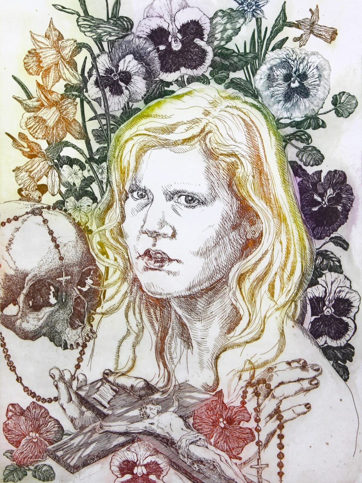 Meimaand Mariamaand. “De tweede Eva”, kleurenets. hppts://digitaal.kn.nl #katholieknieuwsblad #skandalonuitgeverij #insectprint #sealife #printmaking #etching #figuredrawing #classicdrawing #blackandwhitedrawing #engraving #largeetching #penandink #seascapedrawings #fromlifeonly