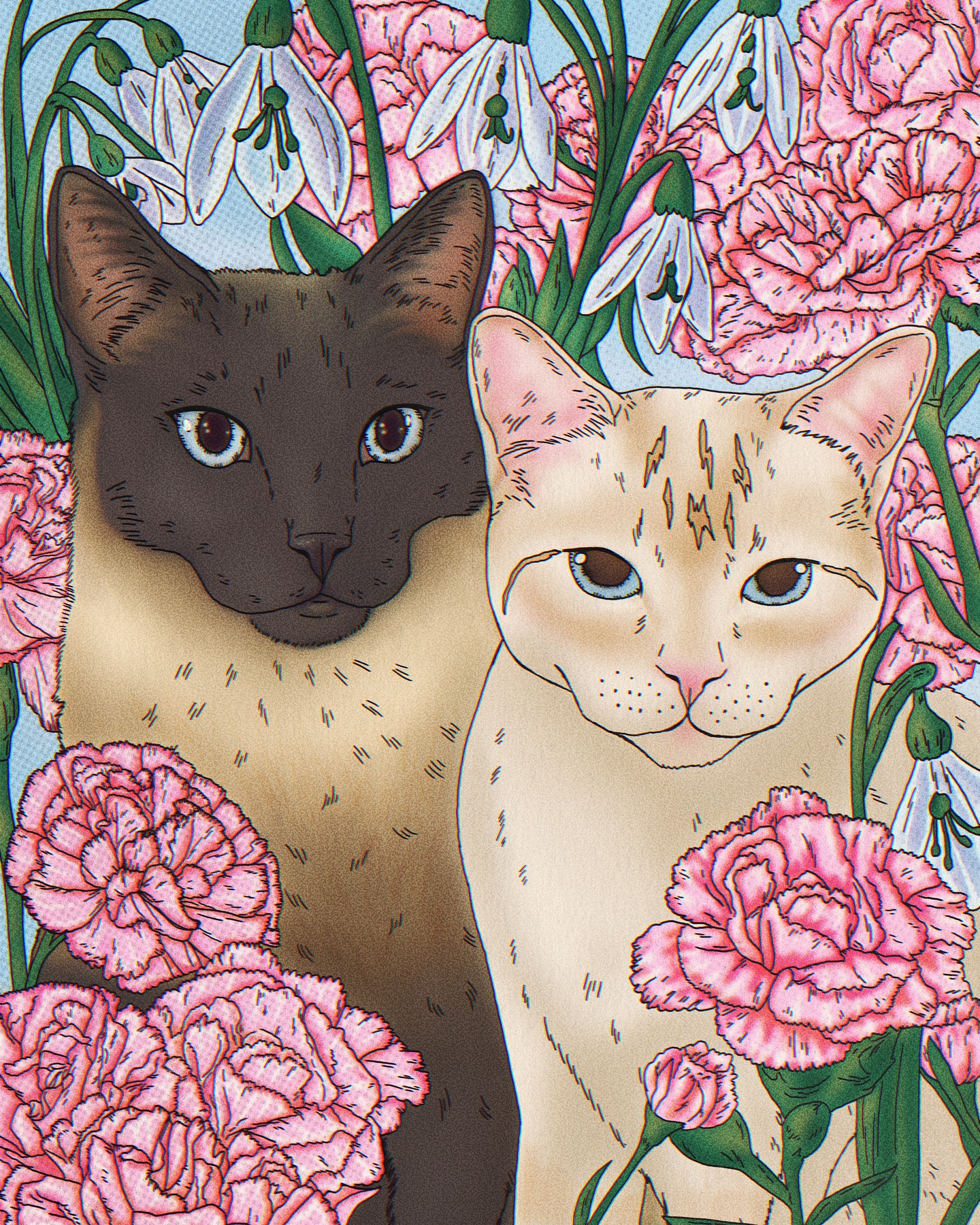 my little chickens mojo and cleo - it’s been so sweet to see them bond more with each passing day. the pink gradient on her nose is my favorite part of this one and I can’t wait to get it framed