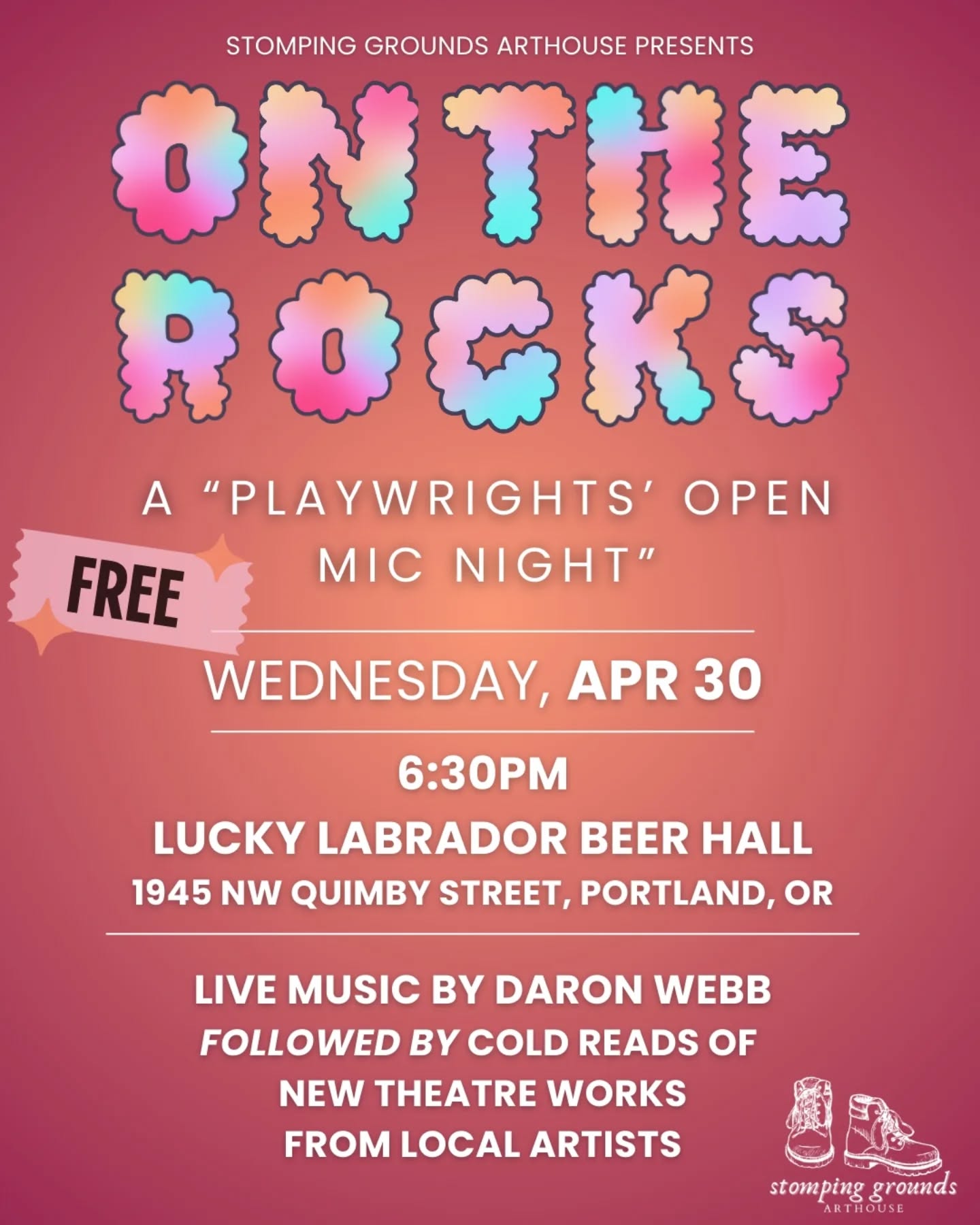 Join us NEXT WEDNESDAY, April 30 at 6:30pm for what is sure to be another rousing night of new theatre, conversation, and community.
On the Rocks is free to attend! RSVP (nice, but not required) by clicking that trusty ol' bio link!
#portlandtheatre #freeevents