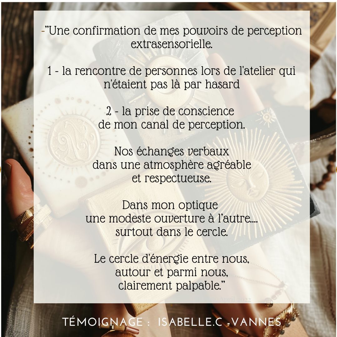 ✨ Gratitude infinie pour ce témoignage vibrant ✨
Recevoir ces mots, c’est comme entendre l’écho d’une vérité ressentie, partagée, vécue...
Ce témoignage fait suite à l’Atelier Découverte que j’ai créé pour accompagner chacun à explorer et développer ses perceptions extrasensorielles, dans un cadre bienveillant, sécurisé et profondément humain.
Un espace pour se reconnecter à son intuition, affiner sa sensibilité subtile, et faire confiance à ses ressentis.
Merci du fond du cœur pour cette confiance partagée. 🤍
#atelierperceptions #éveilintuitif #cercledénergie #témoignage #connexionsubtile #spiritualitémoderne #énergie #intuitif