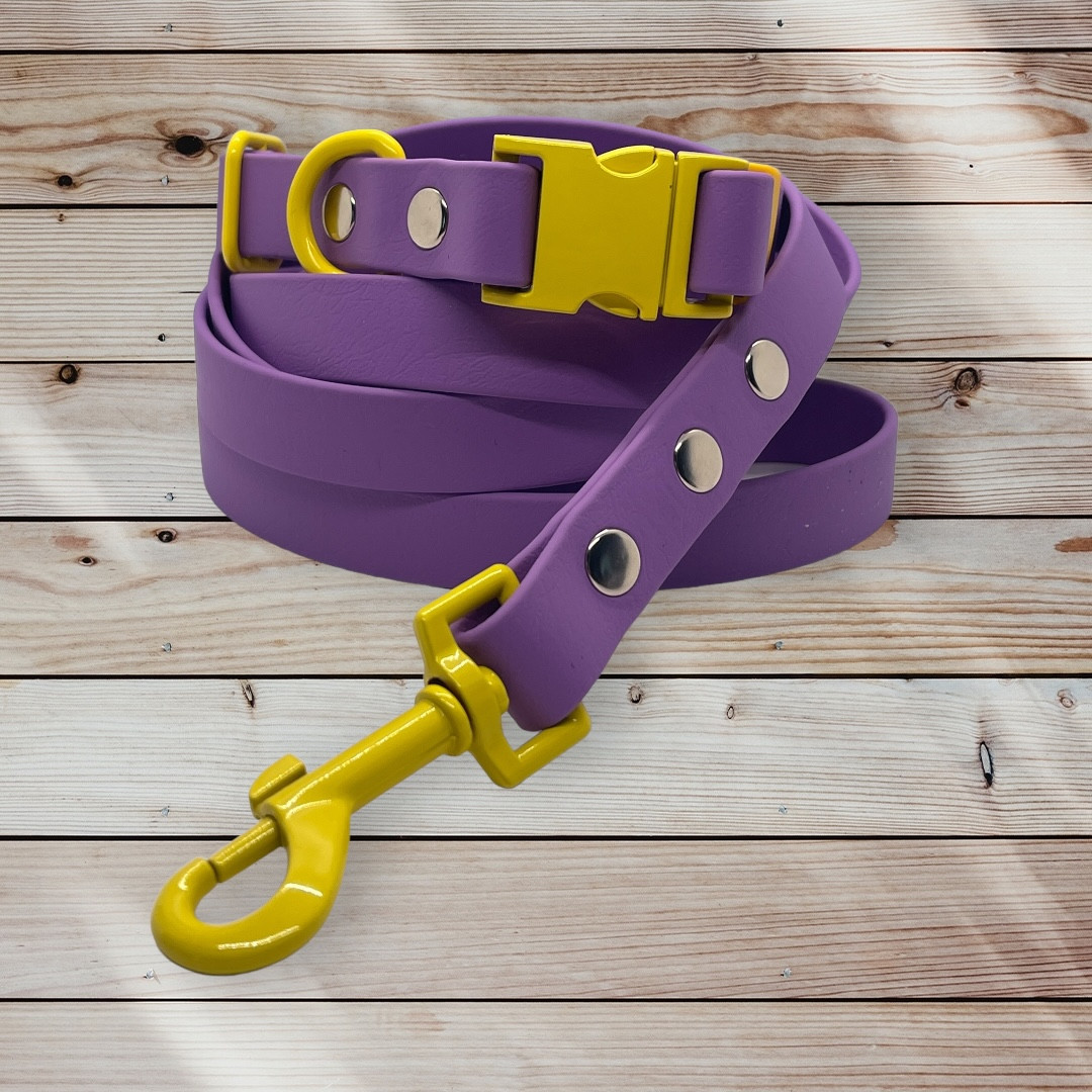 🐾✨ Upgrade your pup's style with our Pre-Made Amethyst Collar w/Yellow Hardware! Adjustable fit and pet-approved durability! Get it now and let your dog strut in style! Link in Bio 💜💛 #DogFashion #AmethystCollar