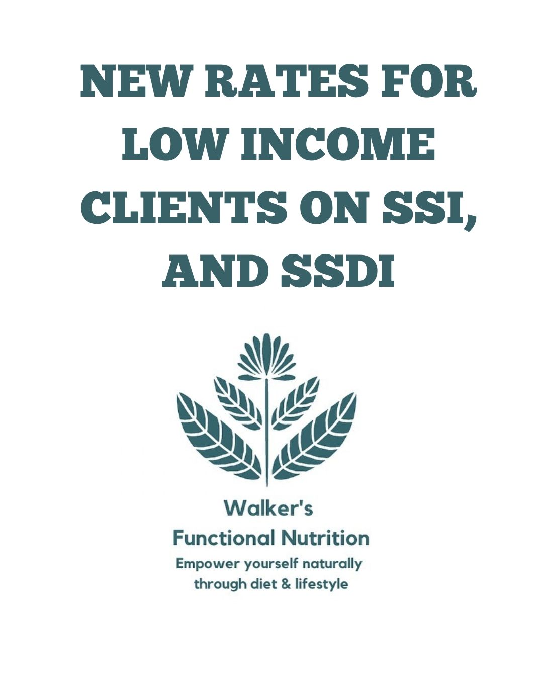 In light of the current political socio-economic climate, including rising prices and the threat to essential support services for disabled Americans, I am now more than ever dedicated to my lifelong mission of serving the most vulnerable members of our society.
I am offering reduced rates for my functional nutrition counseling services to individuals receiving Social Security, and Social Security Disability. This initiative is aimed at those who are eager to regain control of their health through dietary and lifestyle changes.
For more information, please visit my website. I hope these lower prices will make it easier for low income individuals to access these transformative services.
.
.
.
#walkersfunctionalnutrition
#functionalmedicinehealthcoach
#functionalnutrition
#functionalnutritioncounselor
#functionalnutritioncounseling
#healthcoach
#dietandlifestylecounseling
#empoweryourselfnaturallythroughdietandlifestyle
#personalizeddietandlifestyle
#functionalmedicine #autoimmunity #healautoimmunedisease
#digestivehealth #guthealth #mentalhealth #leakygut #ADHD
#womanowned #northamptonma