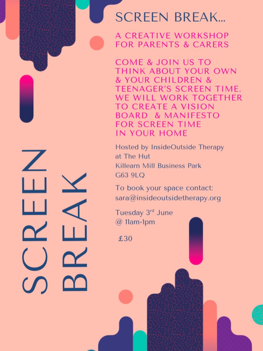 Are you struggling with screen time in your family? Figuring this stuff out is hard. Come and join our creative Screen Break workshop on Tuesday 3rd June 11am-1pm #screentime #screenbreak #childmentalhealth #adolescentmentalhealth #familywellbeing #insideoutsidetherapy