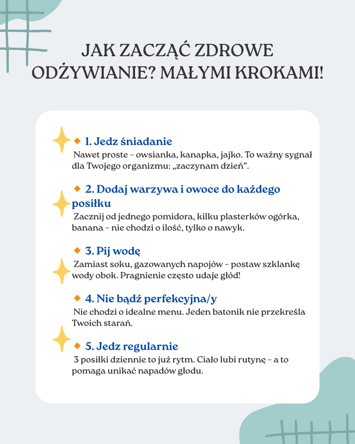 🤔Czujesz, że czas zadbać o siebie, ale nie wiesz, od czego zacząć?
Myślisz, że zdrowe odżywianie wymaga wielkich zmian i perfekcyjnego planu?
✨ Nic bardziej mylnego!
Zdrowe odżywianie zaczyna się od małych kroków.
✅ Zjedz śniadanie – choćby najprostsze.
✅ Dodaj warzywo lub owoc do każdego posiłku.
✅ Pamiętaj o wodzie.
✅ Odpuść perfekcjonizm – jeden batonik nie przekreśla Twoich starań.
✅ Jedz regularnie, by wspierać swoje ciało w jego rytmie.
Twoje zdrowie to nie jeden dzień idealnego menu.
To suma małych wyborów, które codziennie robisz dla siebie. 💛
📌 Zapisz ten post – niech przypomina Ci, że każdy krok się liczy.
💬 Daj znać w komentarzu: który z tych kroków jest dla Ciebie dziś najważniejszy? #psychodietetyka #zdroweodzywianie #zdrowenawyki #dietetykweronikakorcz