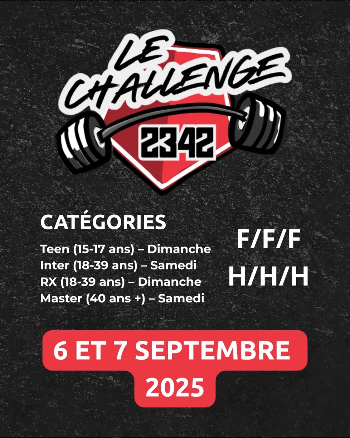 C’est reparti pour la 12e édition du CHALLENGE — avec un tout nouveau logo pis un nouvel emplacement!
Cette année, on débarque au Patro de Jonquière pour une compétition qui s’annonce solide 💪
Forme ton trio (F/F/F ou H/H/H) et viens vivre une journée de dépassement, d’intensité pis de fun. Peu importe ta catégorie, tout le monde est le bienvenu.
Les catégories :
Inter (18-39 ans) – Samedi
Master (40 ans +) – Samedi
RX (18-39 ans) – Dimanche
Teen (15-17 ans) – Dimanche
À noter : une personne de 40 ans et plus peut joindre une équipe Inter ou RX, mais l’inverse ne fonctionne pas.
Au programme :
- 4 WODs intenses
- Mouvements alternatifs pour s’adapter à tous
- Bourses pour les gagnants RX
- Mentions d’honneur pour Teen, Inter et Master
Important :
Aucun remboursement
Les WODs seront dévoilés un à un, à partir d’une semaine avant l’évènement
Les inscriptions sont ouvertes. C’est le moment de t'inscrire, le lien est en bio !
Écris en commentaire avec qui tu voudrais participer 👇🔥