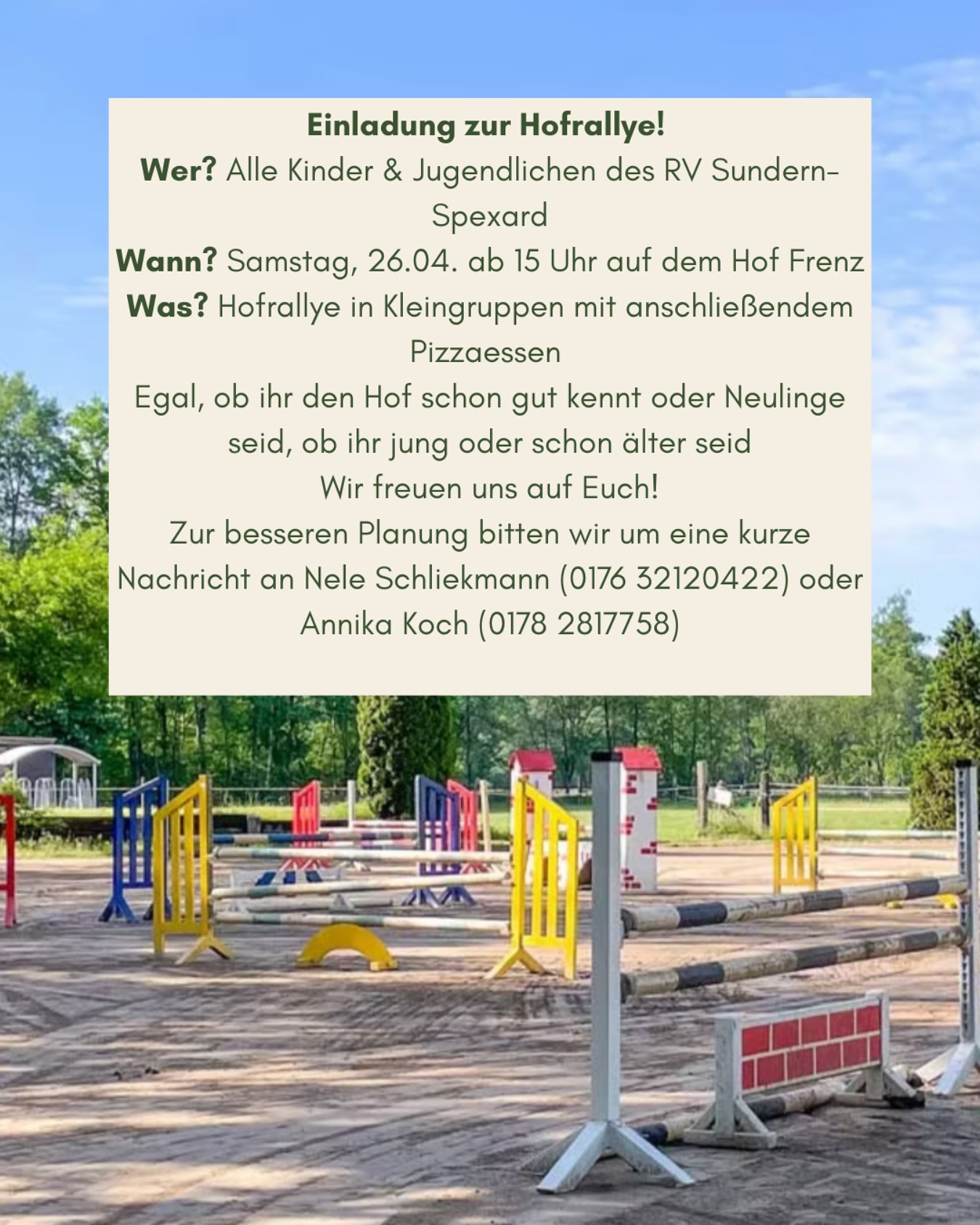 Hofrallye für alle Kinder & Jugendlichen am 26.04. 🌼
Zur Anmeldung schreibt bitte eine kurze Nachricht an Nele (0176 32120422) oder Annika (0178 2817758)