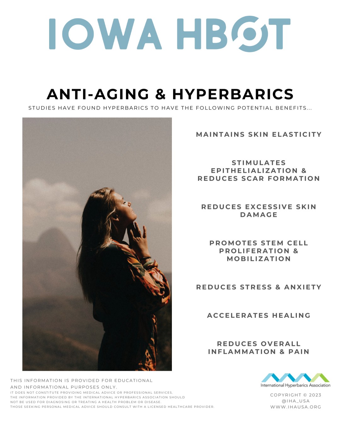 Check out this blog on Anti-Aging & Hyperbarics!
https://www.iowahbot.com/post/anti-aging-and-hyperbarics
Studies have found hyperbaric oxygen therapy (HBOT) has the following potential benefits for anti-aging:
- Maintains skin elasticity
- Stimulates epithelialization & reduces scar formation
- Reduces excessive skin damage
- Promotes stem cell proliferation & mobilization
- Reduces stress & anxiety
- Accelerates healing
- Reduces overall inflammation & pain
Call us at 515-421-4018 to book a free consultation.
#Hyperbarics #AntiAging #HBOT #Wellness #SkinHealth #HealingNaturally #InflammationSupport #StressRelief #RegenerativeTherapies #HealthyLiving