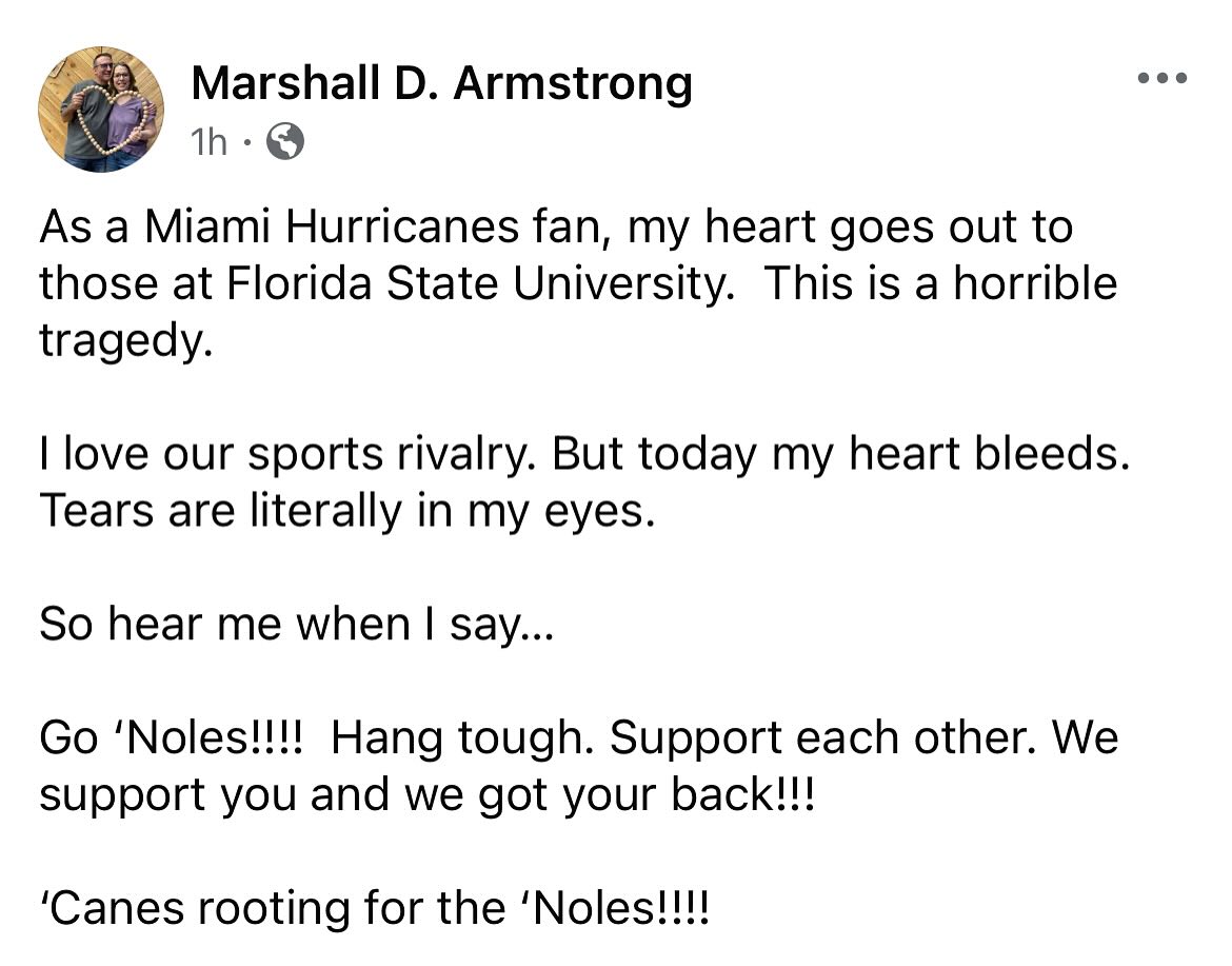 This ‘Canes fan is rooting for the Florida State University Seminoles.
#ihateschoolshootings
#bellespalsypoetryguy
#tragedy
#myheartbleeds
#makeitstop
#isupportyou