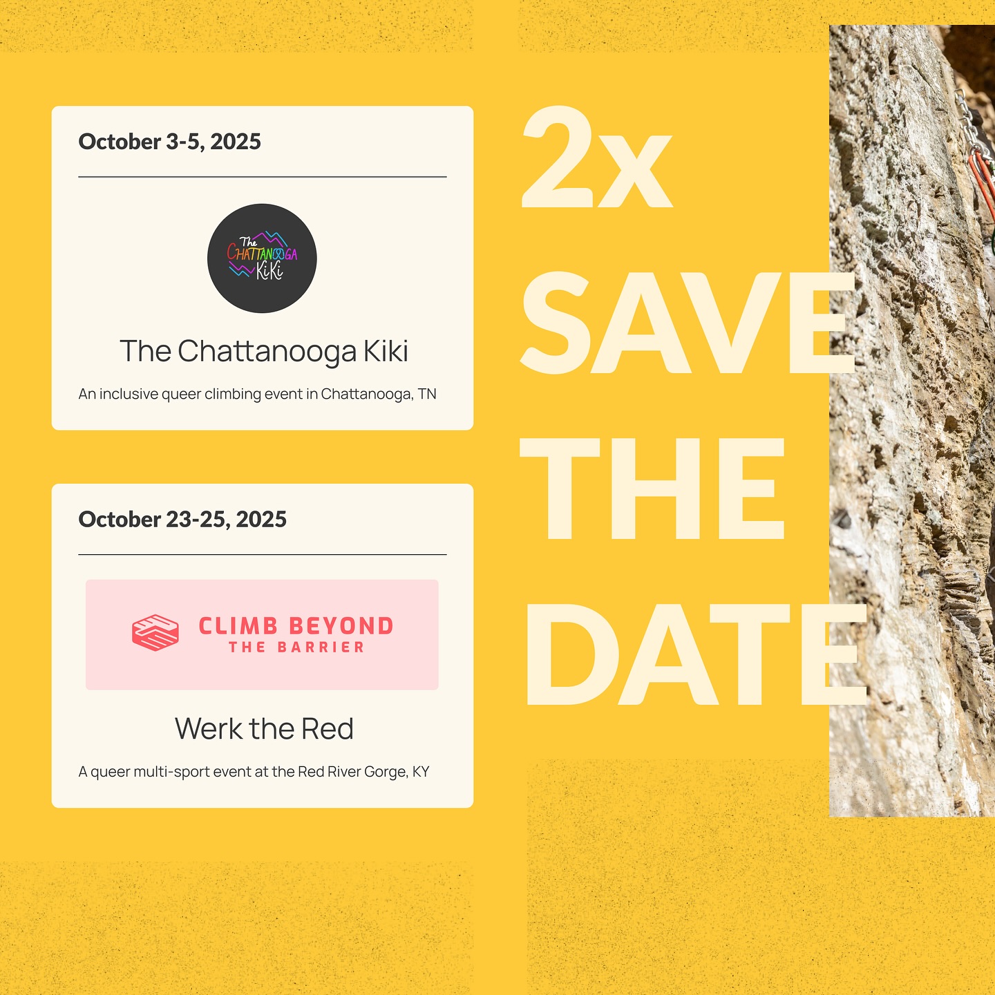 1 month — 2 great events! Don’t forget to save these dates in your calendars for the month of October.
#fallevents #climbing #lgbt #queer #lgbtclimbers #lgbtclimbing #queerclimbing #redrivergorge #chattanooga