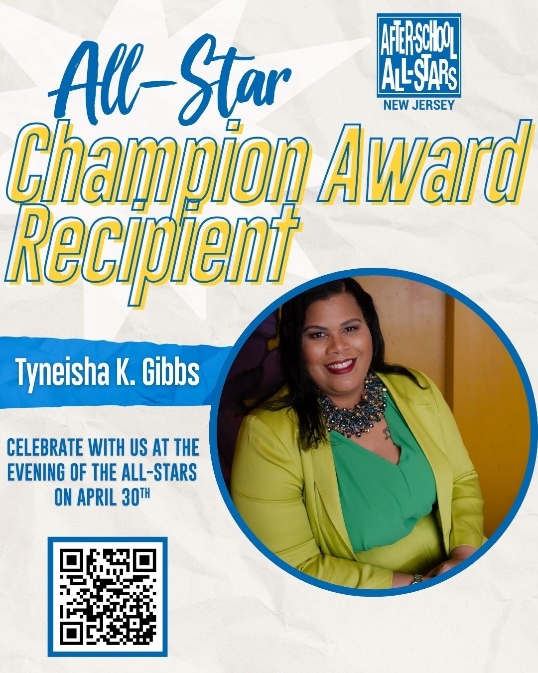 🌟 Join us for a night of celebration, inspiration, and impact! 🌟
We are proud to announce Tyneisha K. Gibbs as this year’s All-Star Champion Award recipient at An Evening of the All-Stars! 🎉
Tyneisha is a powerhouse advocate for youth across New Jersey. Tyneisha is the Director of Policy & Youth Advocacy at NJSACC: New Jersey’s Statewide Network for Afterschool Communities, where she champions inclusive, high-quality programs for all youth. As a White-Riley-Peterson Policy Fellow, she has been a vocal advocate for expanding access to afterschool and summer learning opportunities—especially for young people with special needs—through a strong commitment to IDEA implementation. A dedicated philanthropist and long-standing member of Impact 100 Essex, she brings decades of experience in youth advocacy, nonprofit leadership, and public policy. She is also the co-founder and Executive Director of the Nonprofit Professionals of Color Collective while pursuing her J.D. at Rutgers Law School with a focus on public service and youth Justice. 💼⚖️
Come help us honor her amazing work and celebrate the students, stories, and stars of After-School All-Stars New Jersey! 🌟
📅 Wednesday, April 30, 2025
🕡 6:30 PM – 9:00 PM
📍 Robert Treat Hotel, Newark, NJ
🎟️ RSVP and details at www.asasnj.family/allstars
#AllStarChampion #EveningOfTheAllStars #ASASNJ #TyneishaGibbs #YouthAdvocate #AfterSchoolMatters #ImpactLeader #NewarkEvents #CelebrateWithUs
