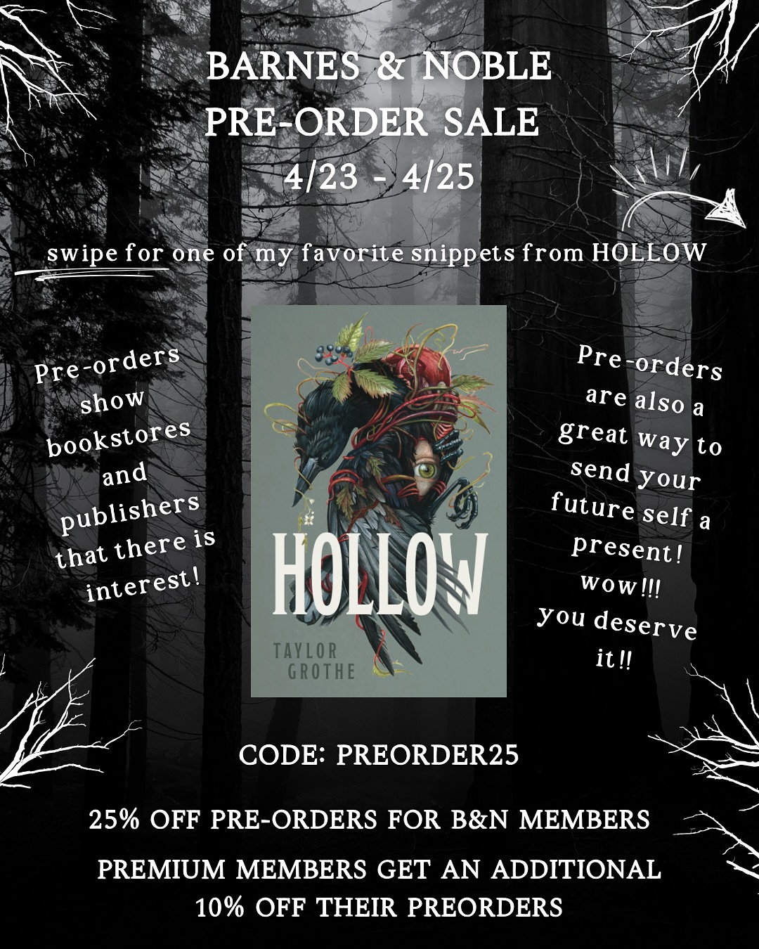 YA Horror is SLAPPING this year. I’m currently buried in the ARC I received for HOLLOW and it is easily one of my favorite reads this year. Taylor is such a talented writer, and I think so many people are going to love and appreciate Taylor’s words. This one’s definitely worth a pre-order!
Use code Preorder25 at @barnesandnoble and then forget about it for a while, and then be surprised when it shows up at your door in September and you have a sweet new book to read, courtesy of Past You. 🩵
#Hollow #TaylorGrothe #YAHorror #BarnesAndNoble #books #book #bookworm #bookish #booksbooksbooks #bookstagram #bookreview #bookcommunity #bookrecommendations