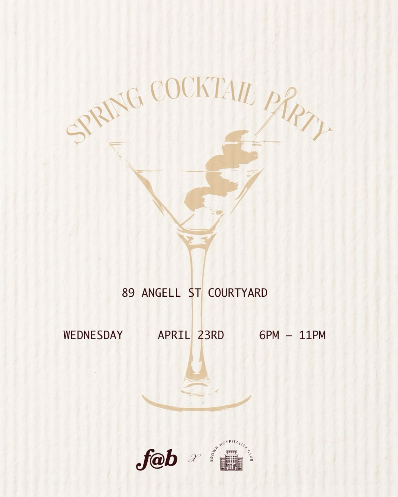Spring Cocktail Party
Join F@B & @brownhospitalityclub for a night of alfresco cocktails to wrap up 2025 Brown Fashion Week.
Wed, Apr 23 | 6–11PM
89 Angell Courtyard
Decorations curated by F@B, drinks crafted by BHC and a raw bar (oysters, clams and scallops) delivered by the @shuckologist.
Expect music, easy conversation, and craft cocktails (with some sexy non-ABV options too, obviously).
Dress to impress—cocktail attire required
RSVP Link in Bio
Poster design by @acnedelavie