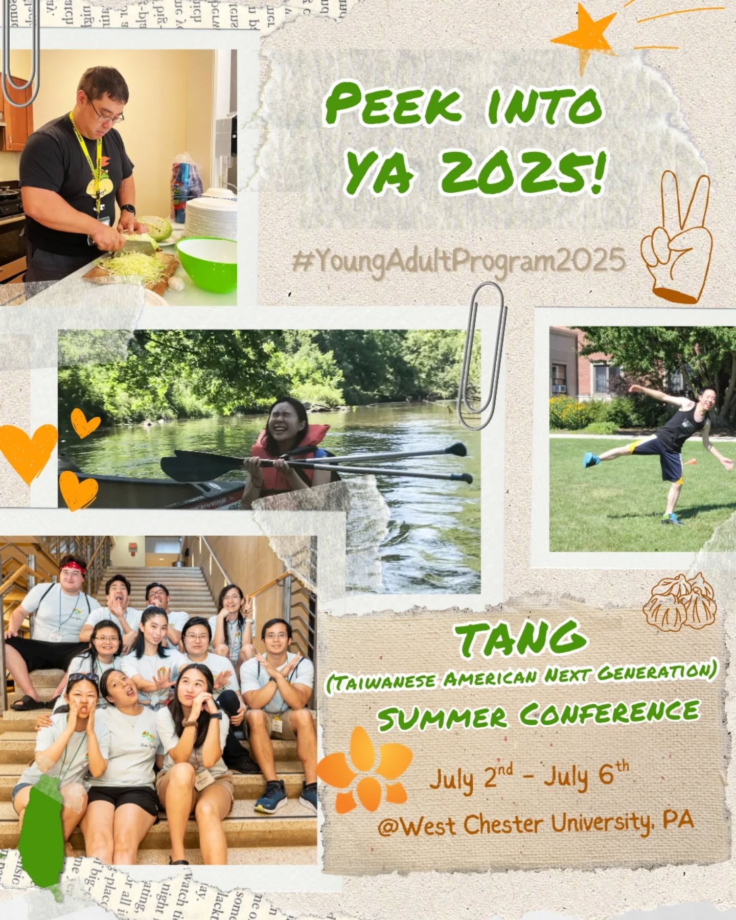 Looking for something fun and wholesome to do this summer?? Are you a college student or young adult interested in meeting other Taiwanese-Americans, building community, and navigating adulthood together? Join us at TANG in the Young Adult Program!
You can look forward to:
✅ Cooking workshops
✅ Camp games
✅ Small group discussions
✅ Outdoor activities & more!
Early bird registration ends tomorrow April 30th at midnight. Link in bio to register!