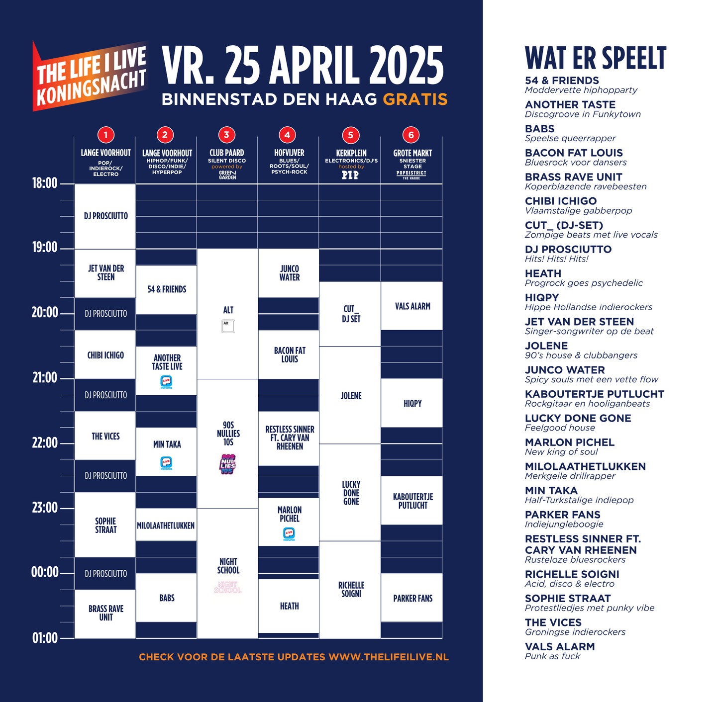 Dat wordt puzzelen!
Bekijk alvast het blokkenschema en stippel je route uit óf download de Woov app, waar je je favoriete artiesten alvast in een persoonlijk lijstje kan zetten zodat je in één oogopslag kunt zien hoe laat je bij welk podium moet zijn!
Al keuzestress?
📍Binnenstad Den Haag
🫰Gratis
🎶Vanaf 19:00
#LifeILiveFestival #DenHaag #Koningsnacht2025 #TLIL #TLIL25