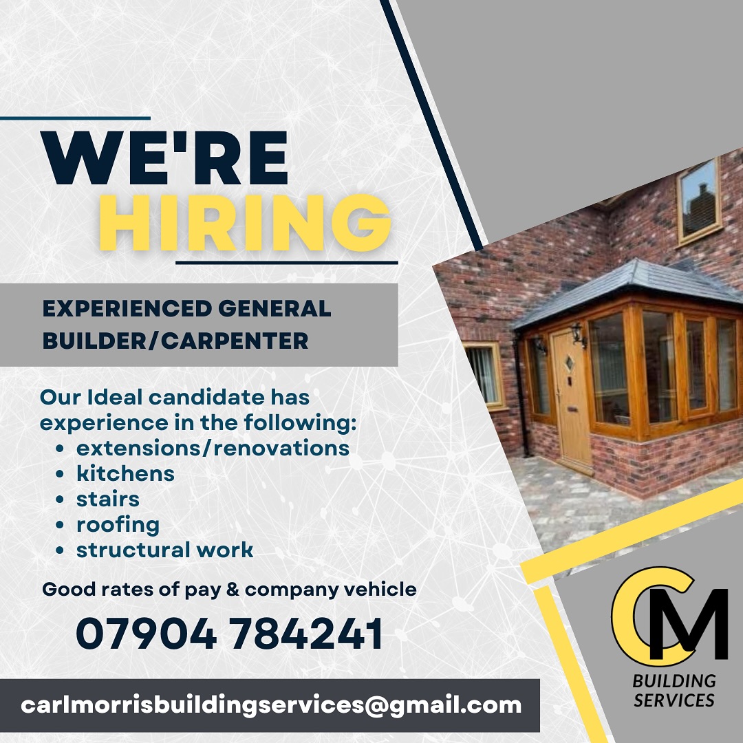 POSITION FILLED
We’re hiring an experienced General Builder & Carpenter.
Our idea candidate has experience in the following:
• extensions/renovations
• kitchens
• stairs
• roofing
• structural work
Location: Shrewsbury & surrounding areas
Hours: full-time Monday to Friday
Contact Carl to apply on 07904 784241 or send your CV/Portfolio of previous work to carlmorrisbuildingservices@gmail.com
#shrewsburyjobs #shrewsbury #shropshire