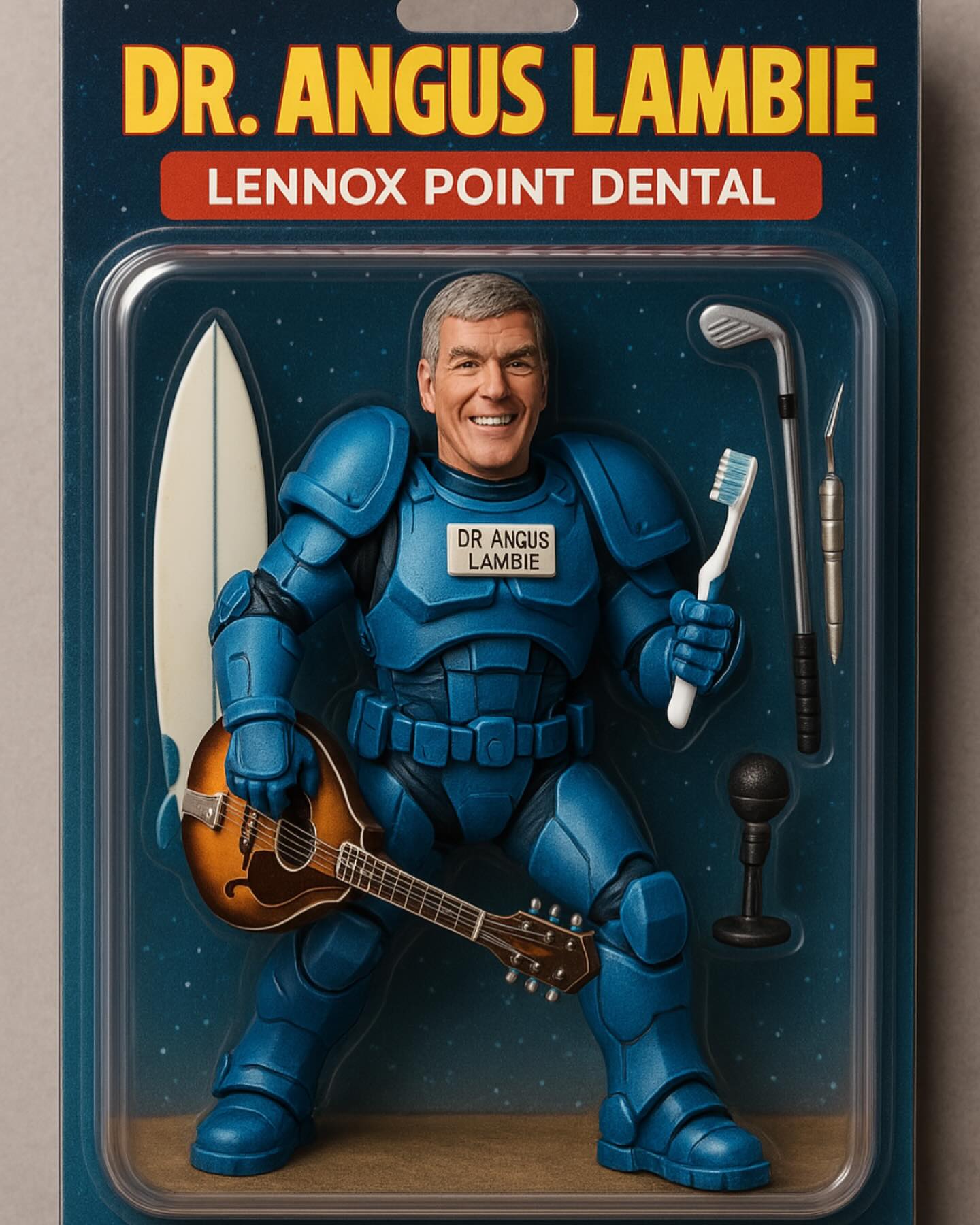 If Dr. Angus Lambie was an action man, this is what we think he would look like. Surfboard, toothbrush, golf club and mandolin in hand, ready to take on any dental emergency 😊
What do you think?
#dranguslambie #surfboard #golfclubs #mandolin #dentist #dentalfun #lennoxhead #lennoxpointdental #actionman #yourlocaldentist #northernriversdentist