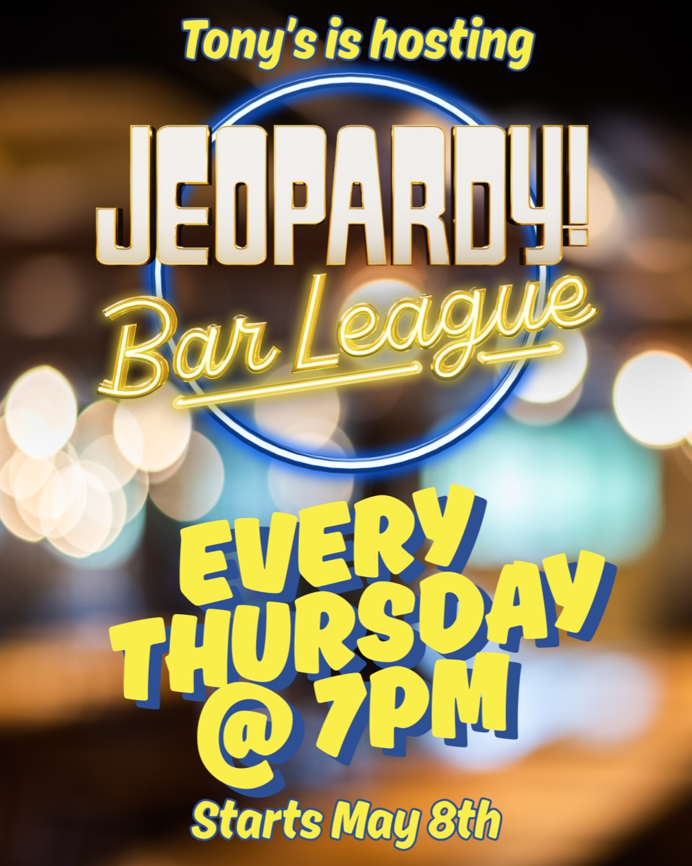 This is... JEOPARDY! (at Tony’s)
Calling all trivia buffs, brainiacs, and barstool scholars — it’s time to put your knowledge to the test at Jeopardy! Bar League, a live-hosted quiz night inspired by the legendary game show you all know and love, all starting on Thursday, May 8th starting at 7pm.
Join us for friendly competition as teams face off in interactive rounds of Jeopardy!, Just like the show, you’ll encounter Daily Doubles, strategic wagers, and that all-important Final Jeopardy question that can make (or break) your night. Prizes for winners, but good times will be had by all.
We’ll be hosting every Thursday at 7pm, but you’ll wanna come early to save your spot and grab a pint.