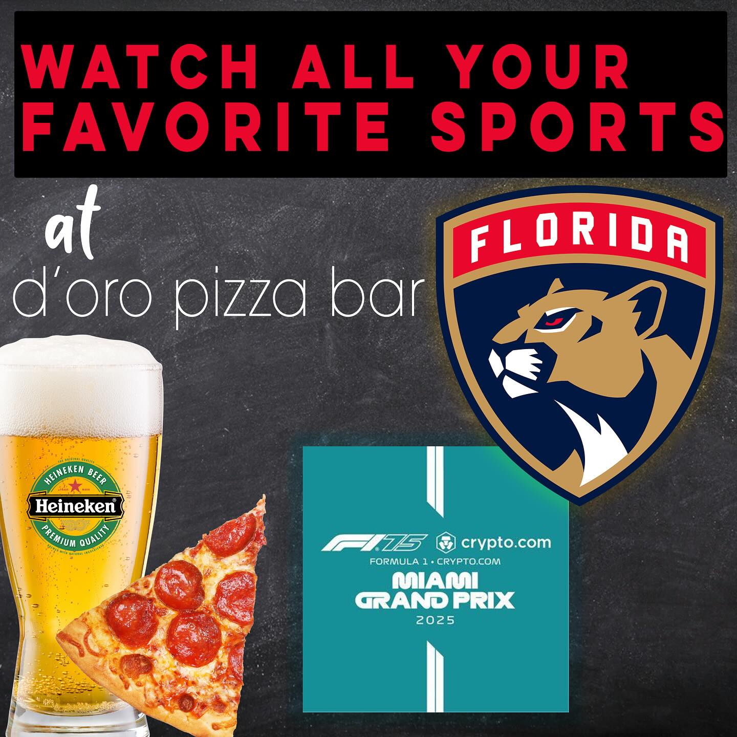 Watch all your favorite Sports at DβOro Pizza Bar!πΊ
It is Sports week here in South FL! πποΈ
DβOro Pizza Bar takes on Sports WEEK and to celebrate it we are having Heineken Draft ALL DAY $5.00 on Saturday April 26th, 2025.
π»π
While South FL kicks off F1 week Miami Grand Prix, the Sunshine State continues with the Stanley Cup Playoffs where the battle for Florida continues were the Florida Panthers takes on the Tampa Bay Lightning on Game 3 on Round 1.
Watch it LIVE at DβOro Pizza Bar! π₯π₯
*Promotion valid only on Saturday 4.26.2025
-
.
-
.
-
#doropizzabar #dorocaffe #doromiami #downtownmiami #wherelocaleats #F1 #miamigrandprix #floridapanthers #nhl #TampaBayLightning #happyhour #beerlover #fastfired #draftbeerlovers #pizzaaddict #beergoals #localbusiness #bayfrontpark #pizzaandbeer #supportedbyourcommunity #biscayneblvdmiami #wherelocaleats #pizzaaddicts #localbusiness #hotandfreshfromoven #beertime #pizzaandbeer #DowntownMiami #miamilifesyle #heineken