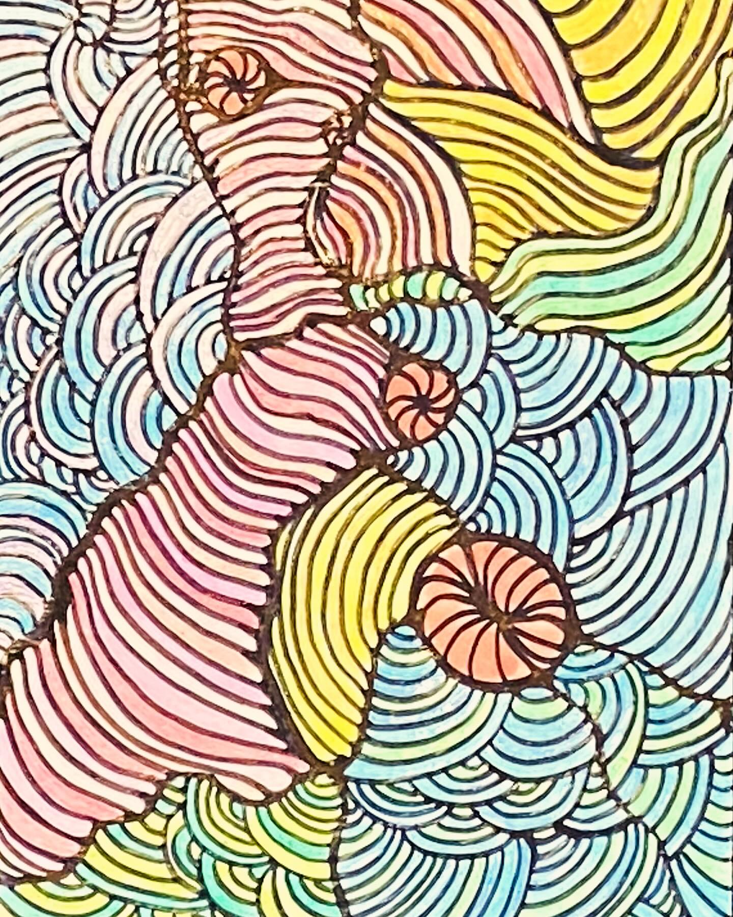 Something I have been working on for a while alongside clients. Sharpie on paper and then coloured pencil. It has turned into a very tactile work as the coloured pencil has compacted the paper between the sharpie lines. I love running my fingers over the gentle undulations of lines. #unexpectedresults #doodles #alongsideclients #emergentart #mindfuldoodle