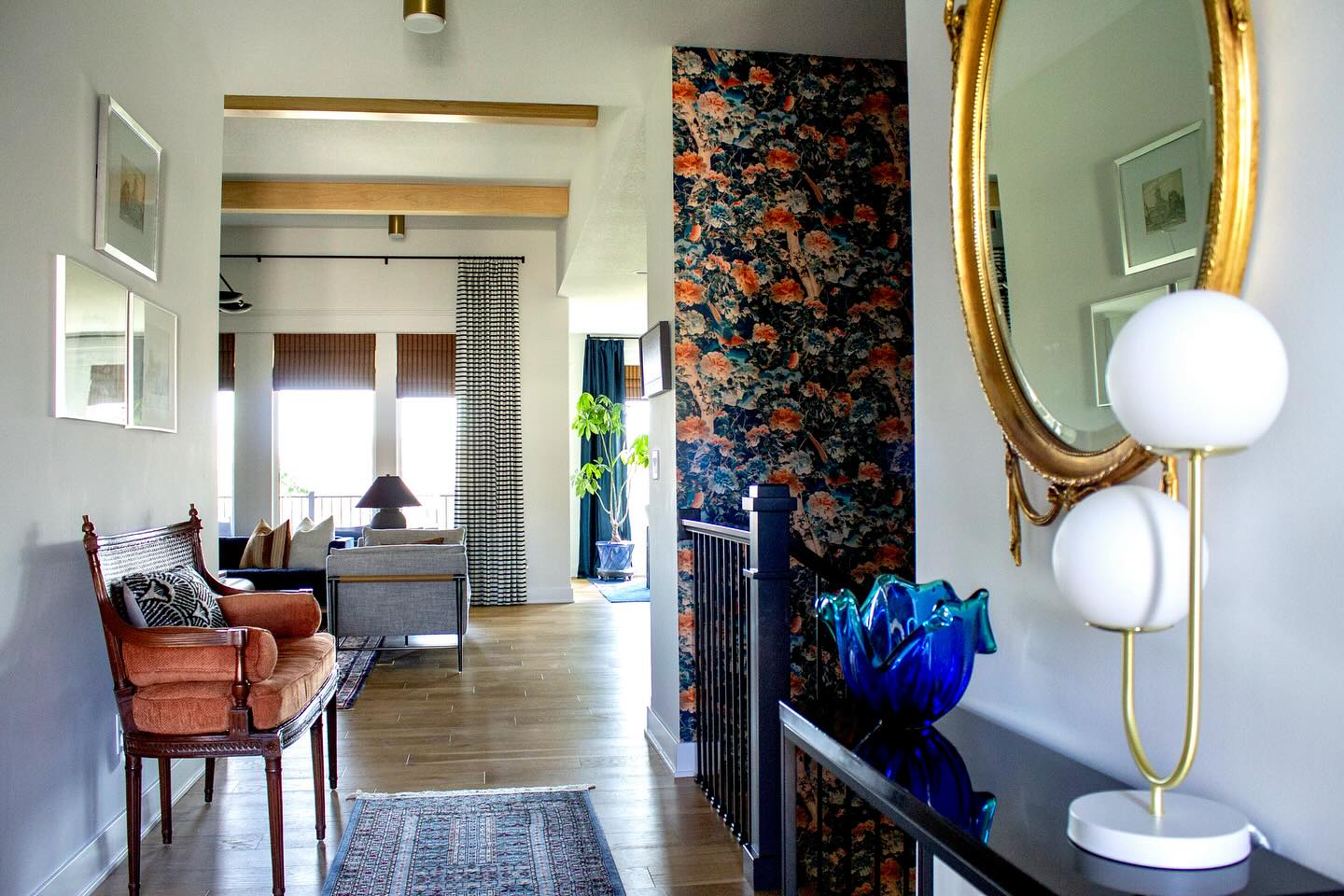 Foyers can often be overlooked simply as a pass through space. I was so lucky my clients trusted me to make their entryway special with some chinoiserie wallpaper and fresh take on their antique settee, because first impressions matter.