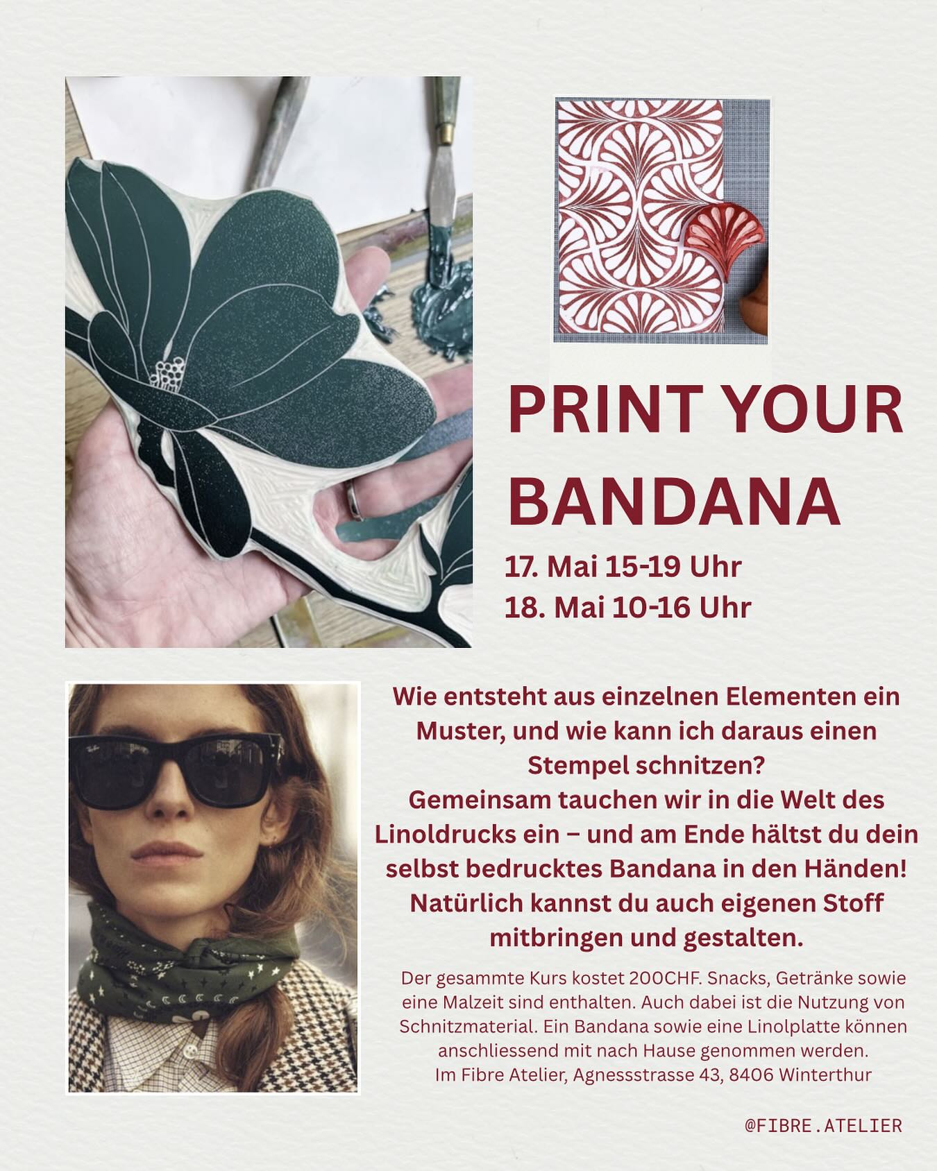 Schon mal Stoffe selbst bedruckt?
Wie wär’s mit einem handgemachten Bandana – mit deinem eigenen Design!
In meinem Workshop schnitzen wir aus deinen Motiven Linolstempel, die du immer wieder verwenden kannst.
Anschließend bedrucken wir ein Bandana und gerne auch Stoffe, die du selbst mitbringst.
Wann:
Sa, 17. Mai | 15–19 Uhr
So, 18. Mai | 10–16 Uhr
Vorkenntnisse? Brauchst du nicht! Nur Lust auf Gestalten.
Alle Infos & Anmeldung findest du auf der Website.
Ich freu mich auf dich!
#fibreatelier #fibreatelierkurs #linoprinting #creativewinterthur