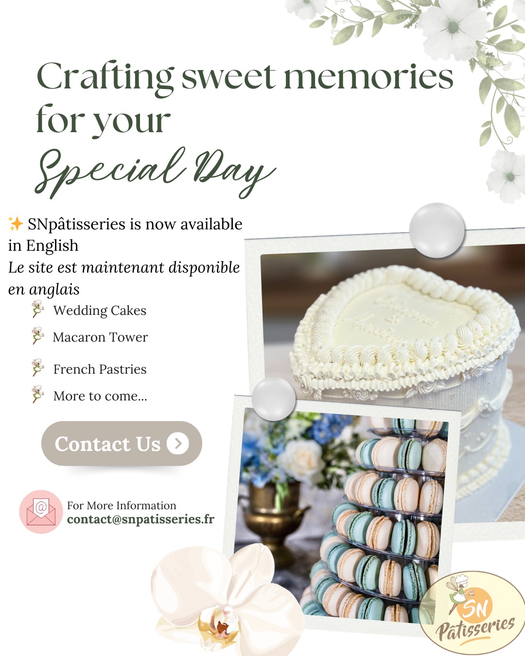 🎉 Great news for our lovely clients!
SNpâtisseries is delighted to announce that our website is now available in English! ✨
Discover all our creations — from French pâtisseries to bespoke Wedding Cakes and Macaron Towers — made with passion and craftsmanship.
Visit us at www.snpatisseries.fr and let’s create sweet memories together! 🍰
✨Retrouvez nos créations — pâtisseries françaises, Wedding Cakes, pyramides de macarons — sur notre site www.snpatisseries.fr.
À très bientôt pour créer ensemble vos plus doux souvenirs ! 🍰✨
#snpatisseries
📩 N'hésitez pas à me contacter — je serais ravie d'apporter une touche sucrée à votre grand jour ! ✨
Mon agenda se remplit vite — pensez à réserver votre date dès que possible !
📩 Feel free to get in touch — I would be delighted to sweeten your special day! ✨
My calendar is filling up — book early to secure your date! 🎂
#WeddingCake
#FrenchPatisserie #PatisserieFrancaise #MacaronTower #HandcraftedCakes
#BespokeCakes #CakesOfInstagram
#DestinationWeddingFrance #GettingMarriedInFrance
#FrenchWedding #WeddingInFrance