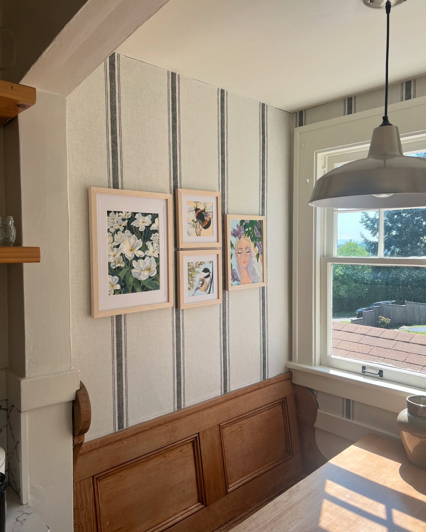 Spring has been so beautiful this year! Maybe because I am painting more and paying attention to all the changes? So many birds, bumblebees, and new flowers emerging. I wish I could paint faster 😂. I took some of my Spring inspired paintings and created a gallery wall in my kitchen nook. I’m also sharing some of my inspiration photos - tulips from my neighbor’s yard and lilacs blooming in my backyard (I looovvvve when the lilacs bloom…I’m out several times a day to sit under them and smell them 😊). I’m currently working on canvas and wood panel paintings…to show at an art fair this summer! Super excited to get out and show my work for the first time.