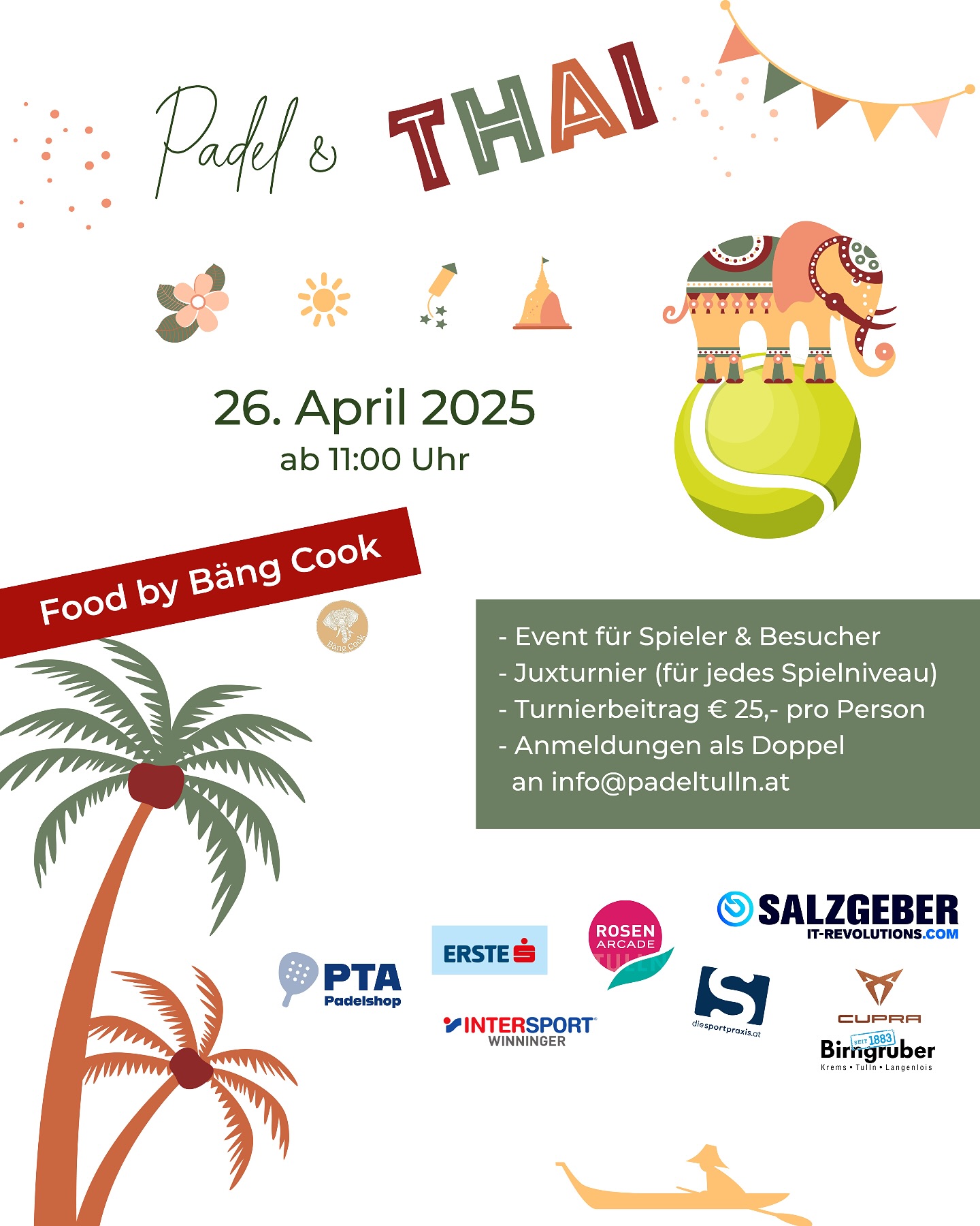 Es wieder soweit 🤩
👉 Padel & Thai am 26.04.2025 🐘🎾🇹🇭
Juxturnier für alle Levels
Food by @bangcook
Alle Infos wir immer auf unser News Seite
Wir freuen uns auf euch!
#padel #padelturnier #padel&thai #tulln #juxturnier #wasistlosintulln